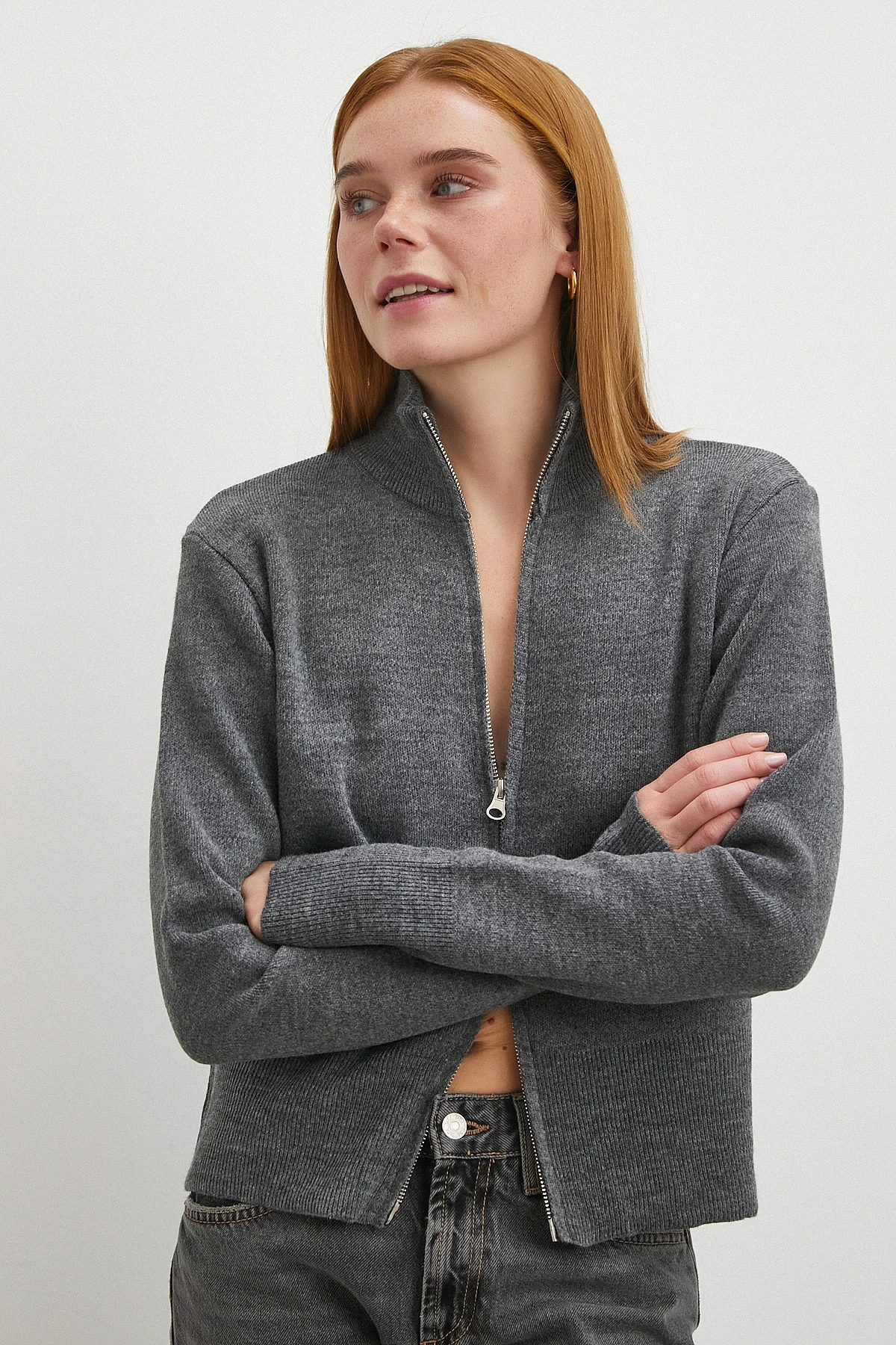 Çift Fermuarlı Triko Hırka Antirasit