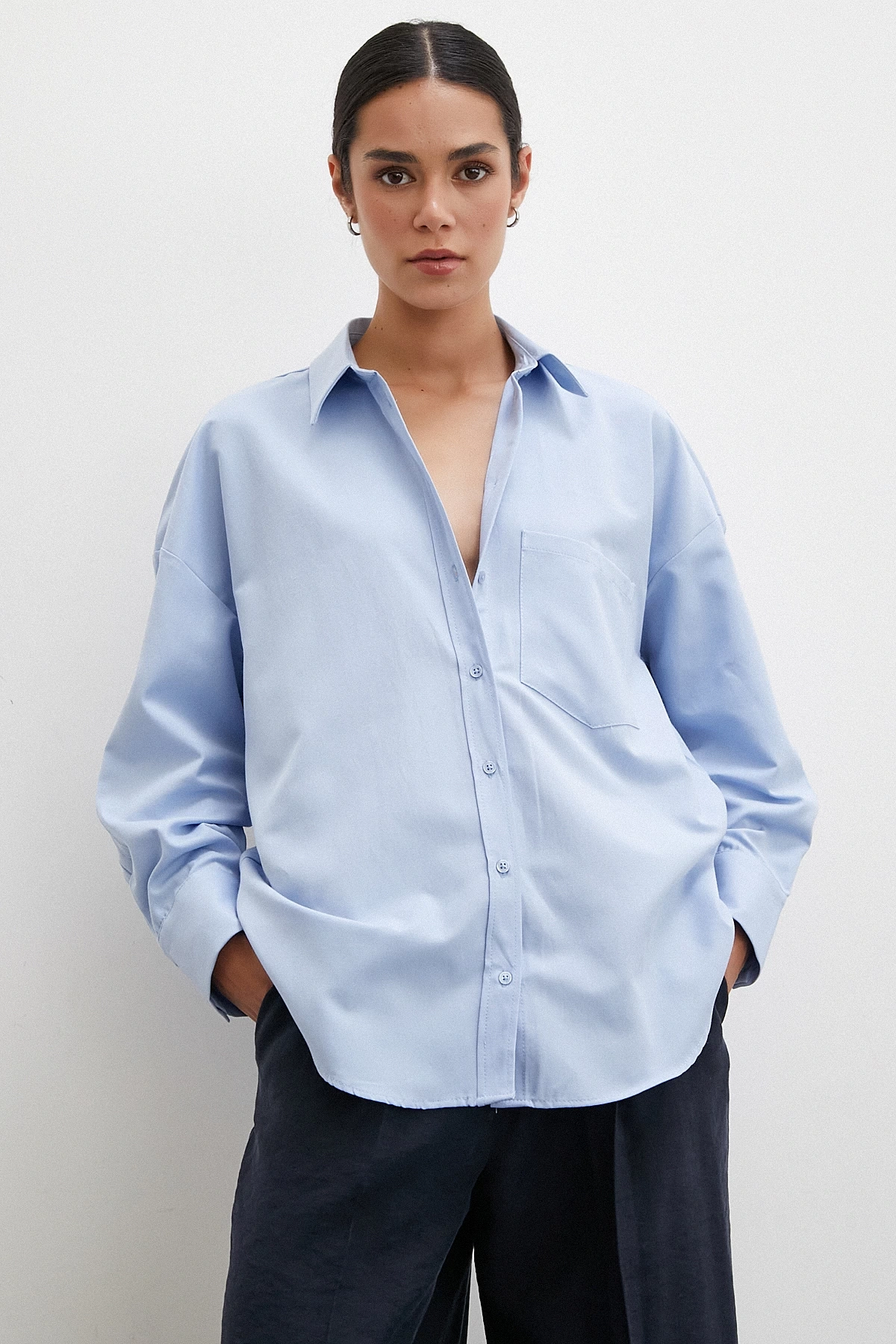 Puantiyeli Oversize Gömlek Mavi