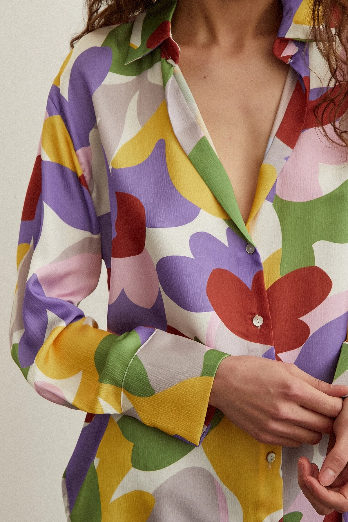 Desenli Saten Gömlek Lila