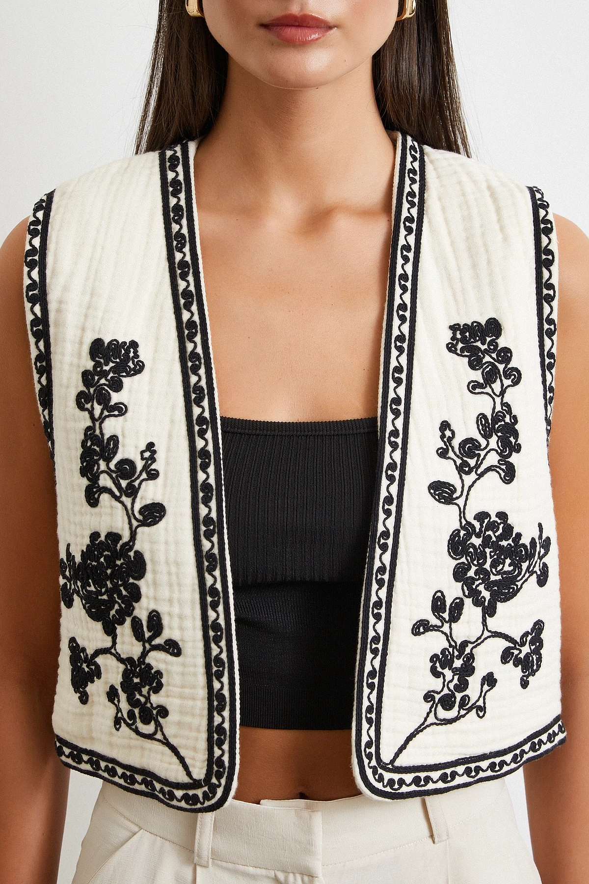 Nakış Oversize Yelek Krem