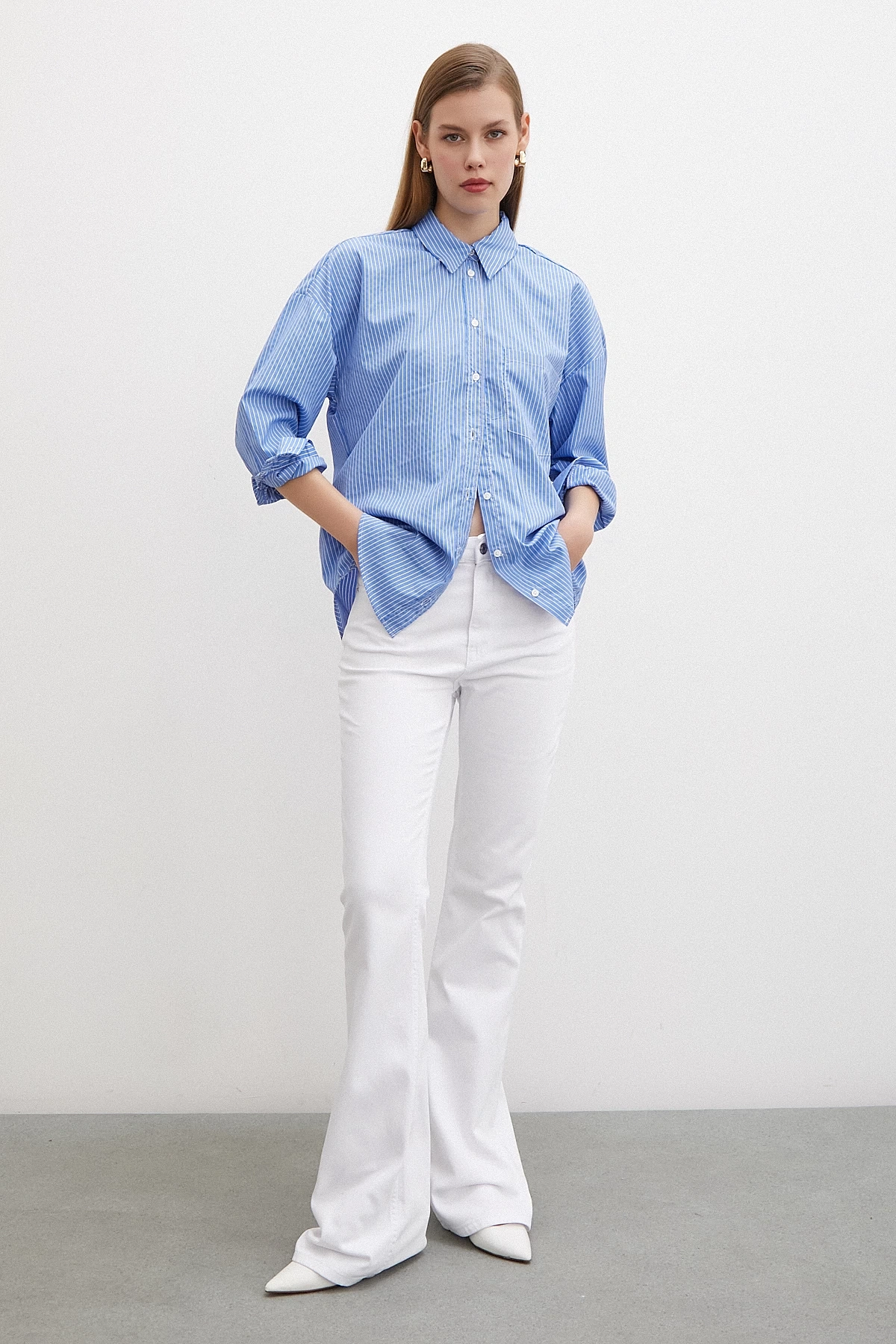 İnce Çizgili Gömlek Mavi