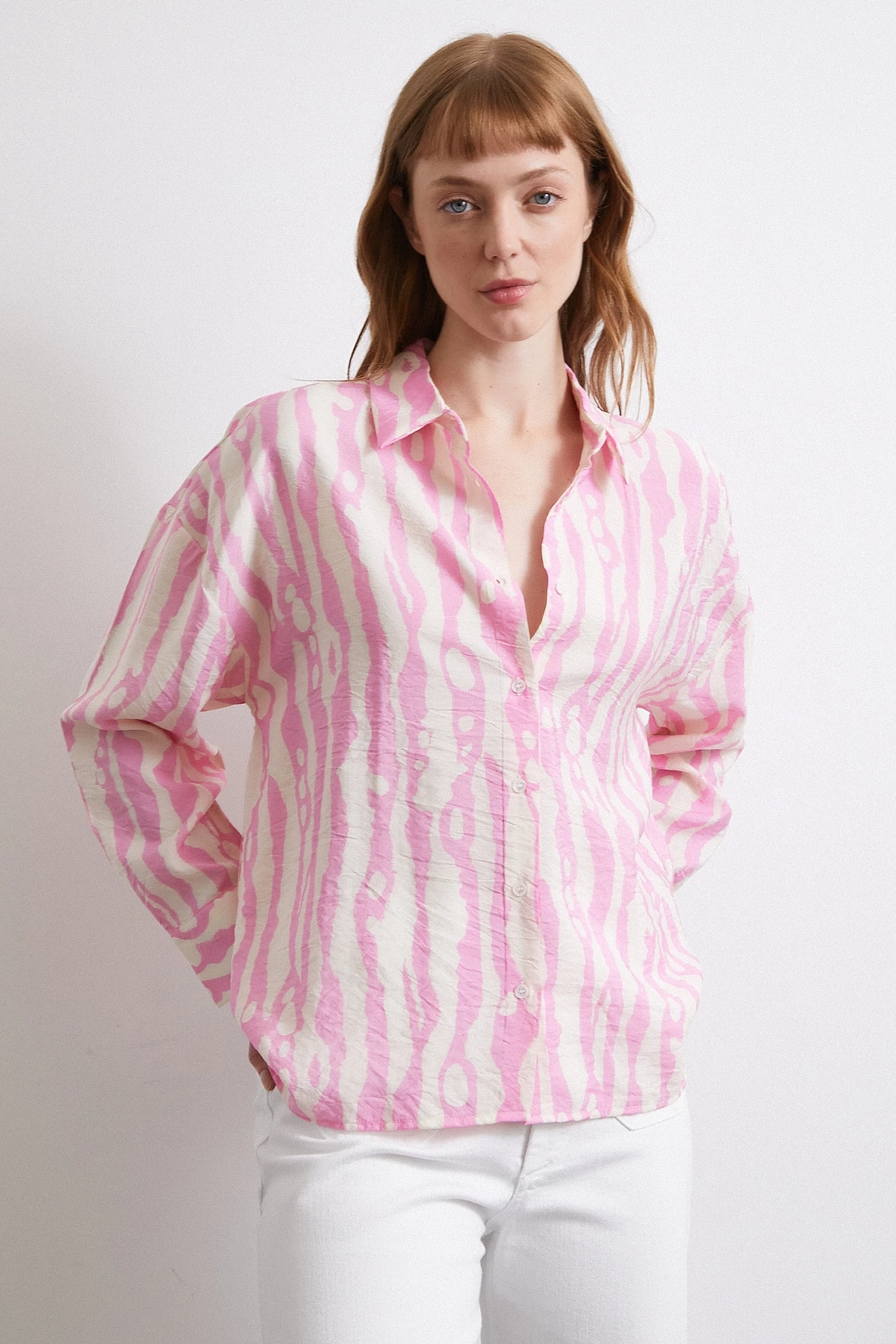 Zebra Desen Modal Gömlek Pembe