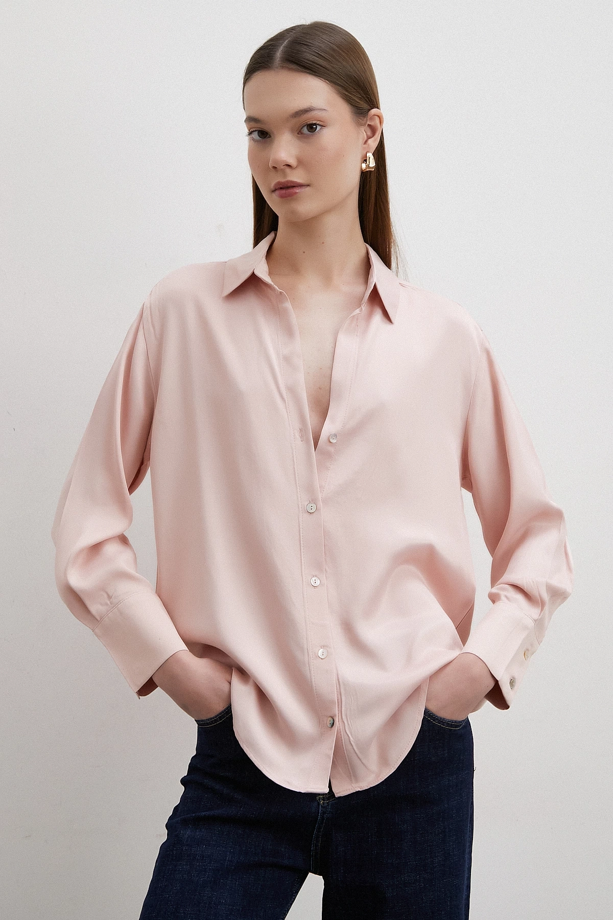 Floş Basic Saten Gömlek Bej