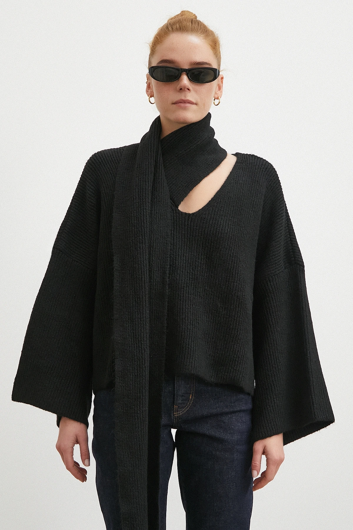 Fitilli Şal Yaka Kazak Siyah