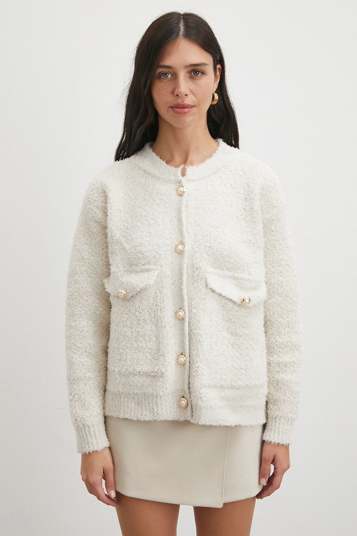 Cepli Düğmeli Simli Hırka Ekru