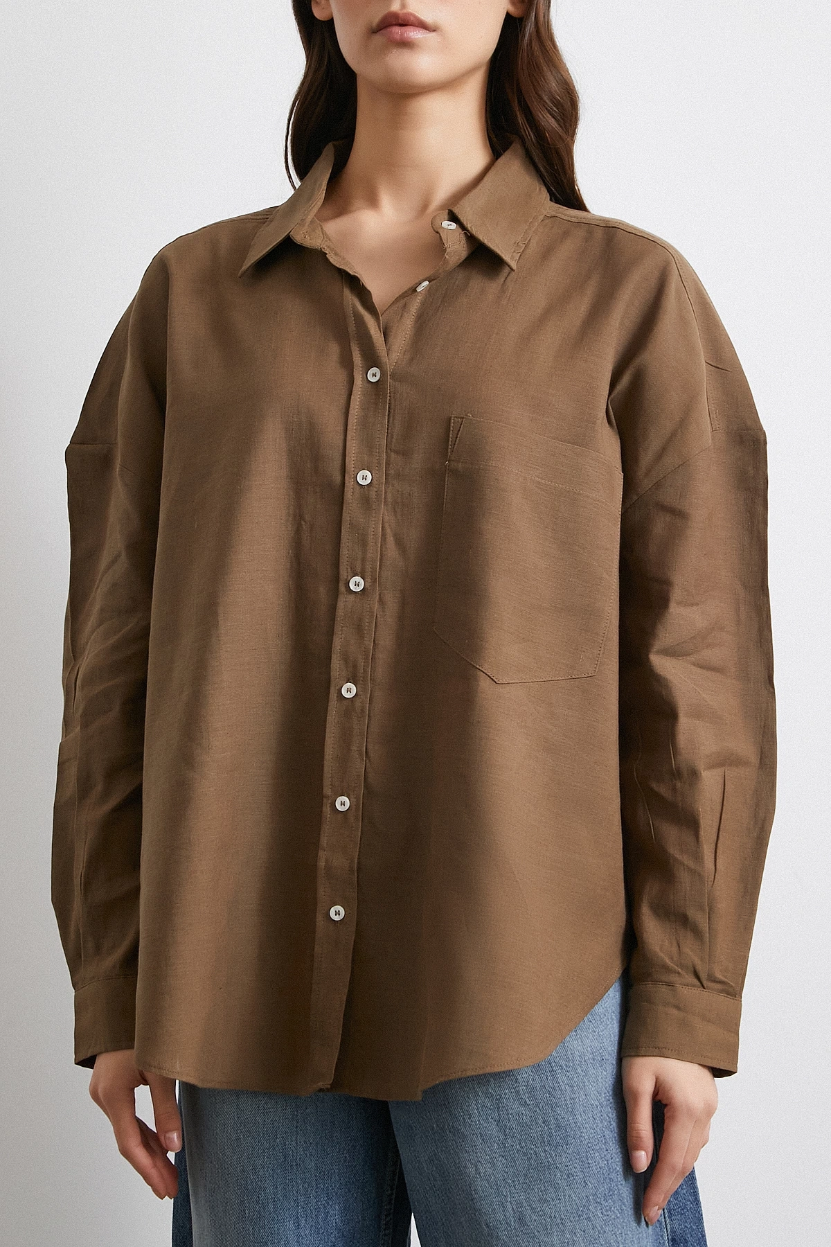 Cepli Oversize Keten  Gömlek Kahve