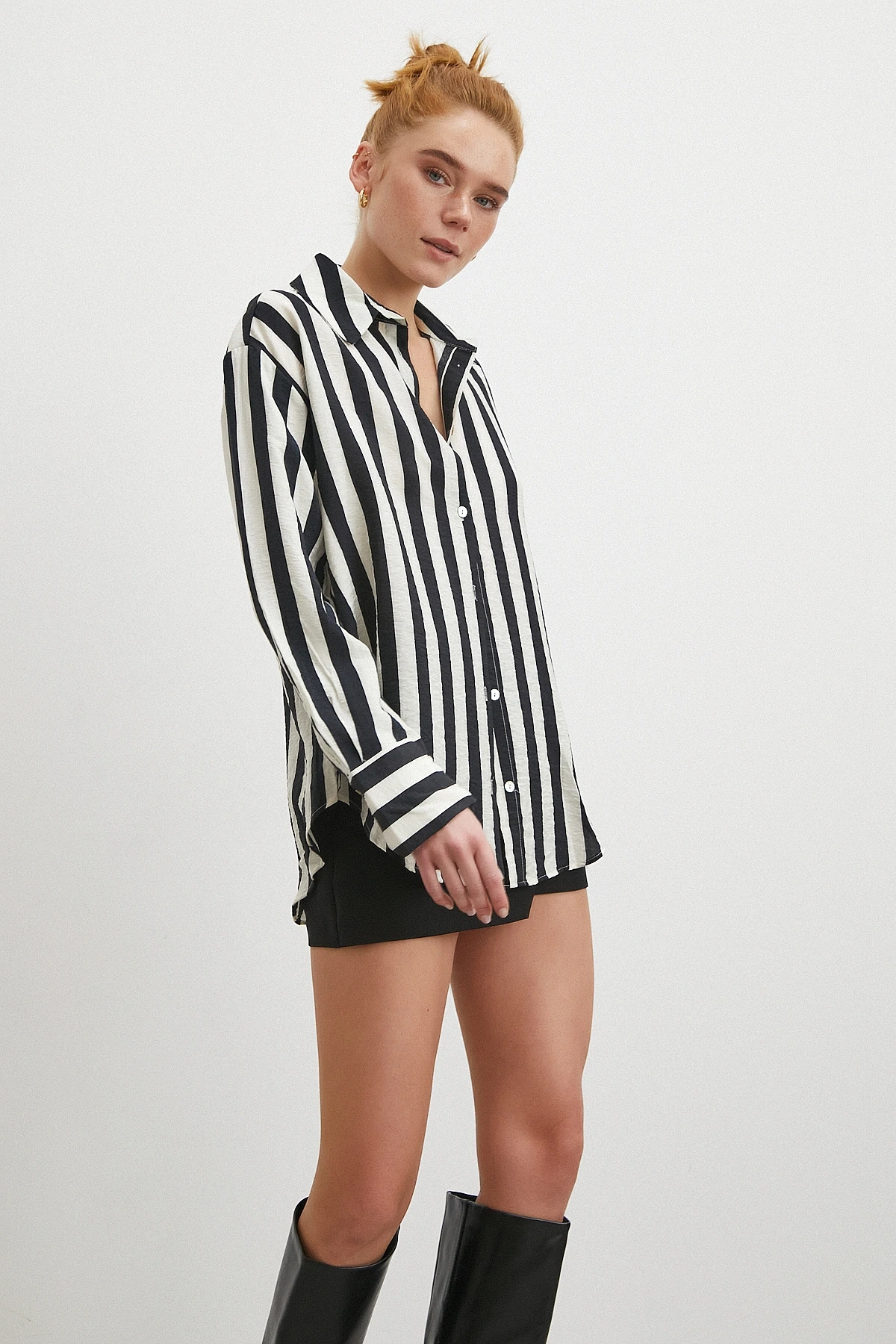 Çizgili Uzun Kollu Gömlek Siyah