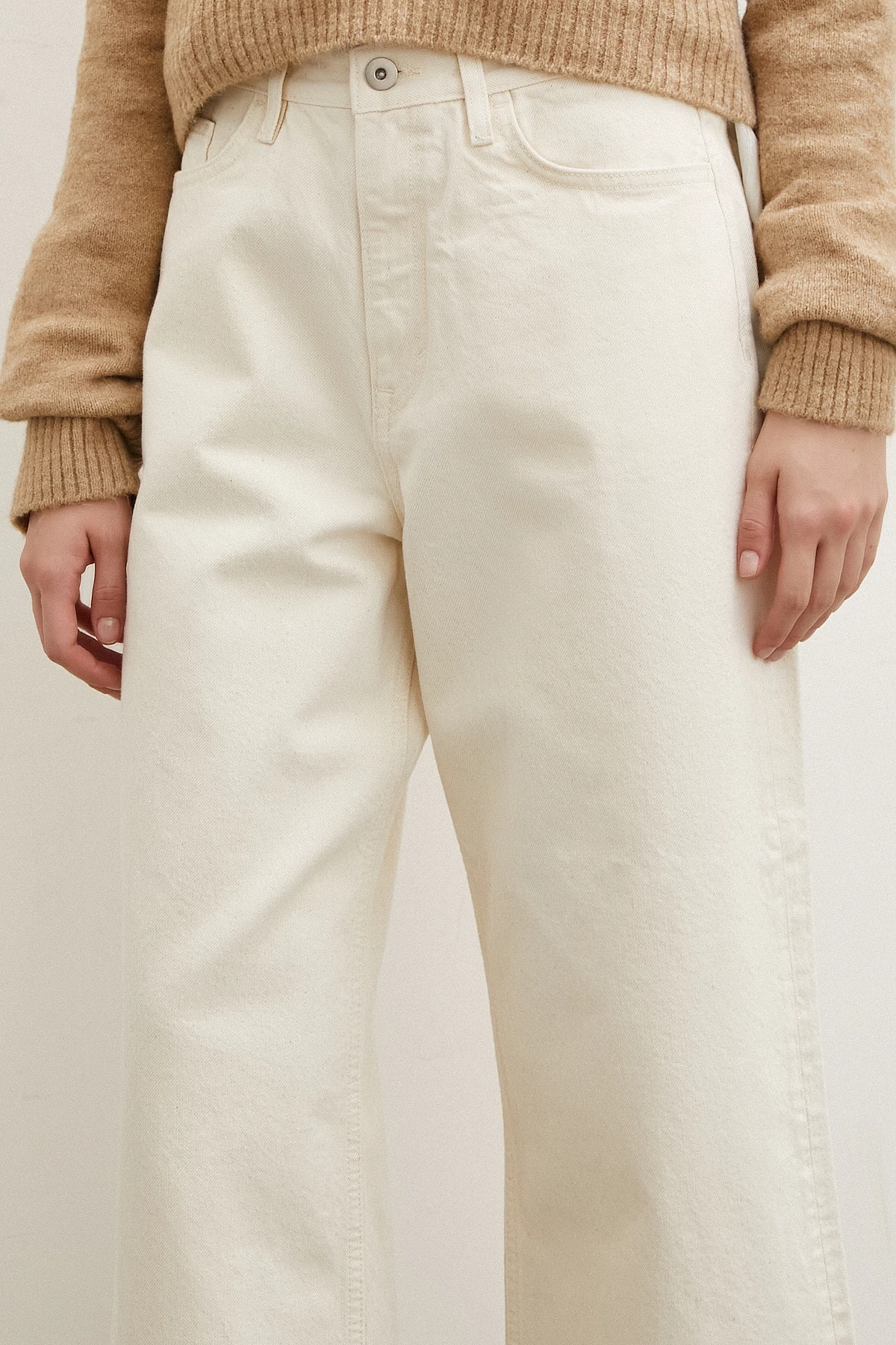 Yüksek Bel Geniş Paça Mom Jean Ekru