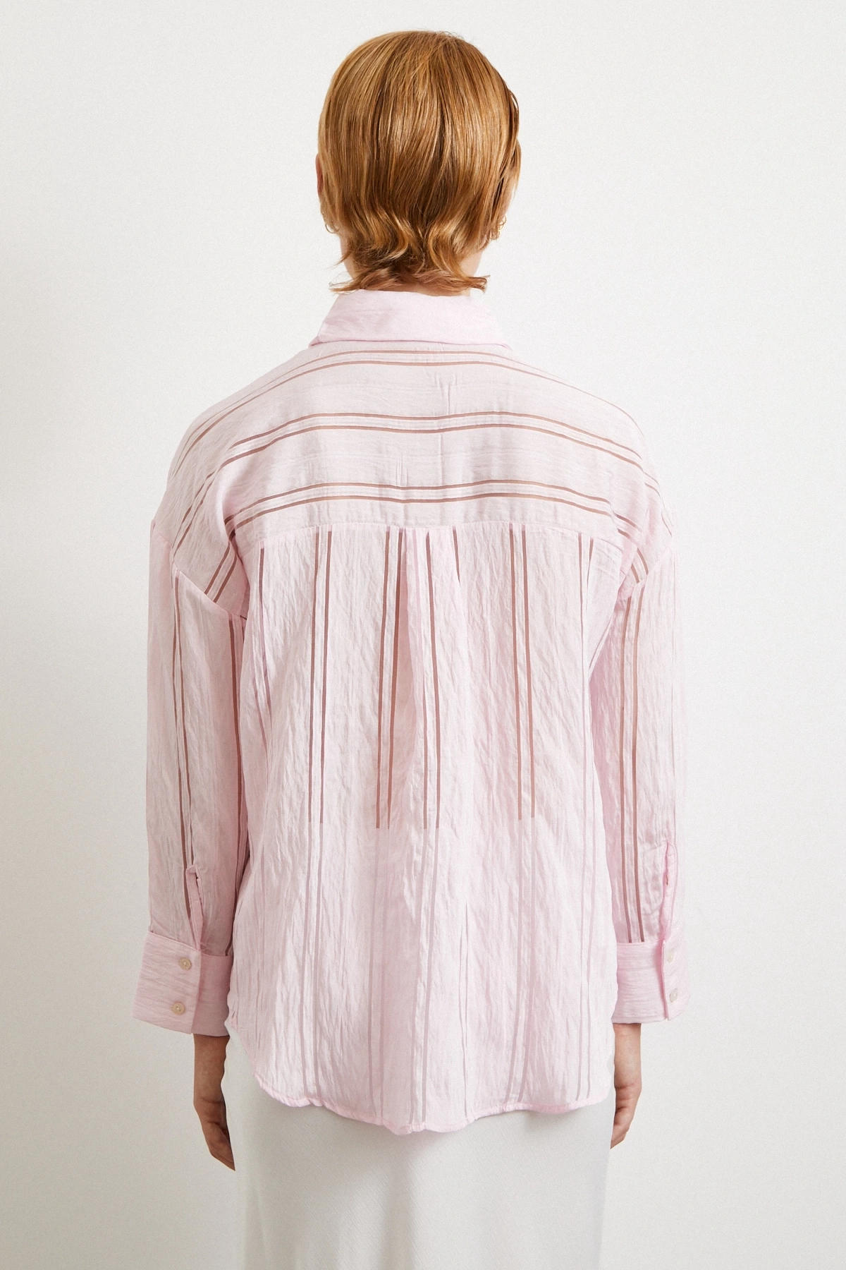 Organze Çizgili Gömlek Pembe