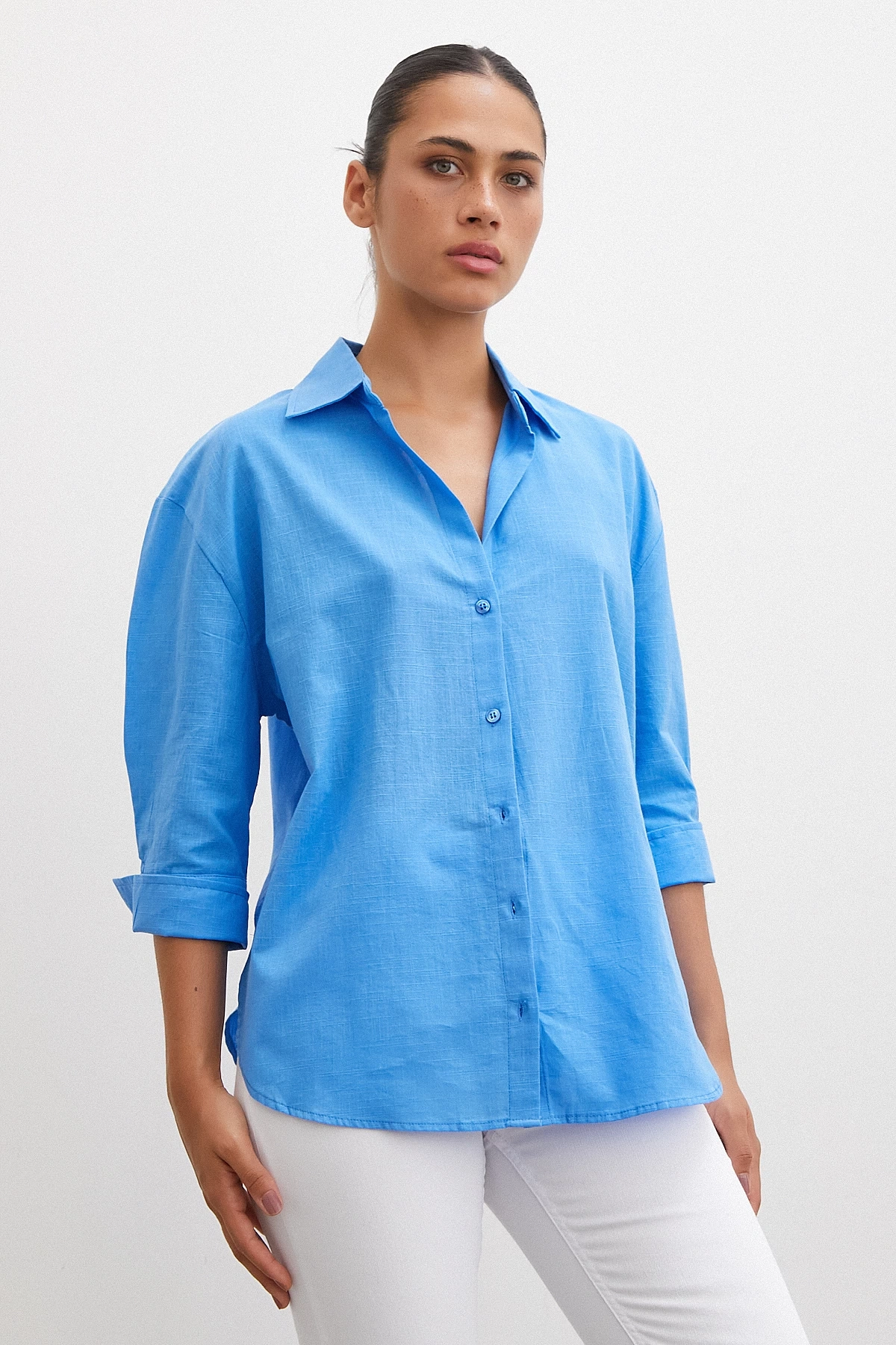 Geniş Manşetli Keten Gömlek Mavi