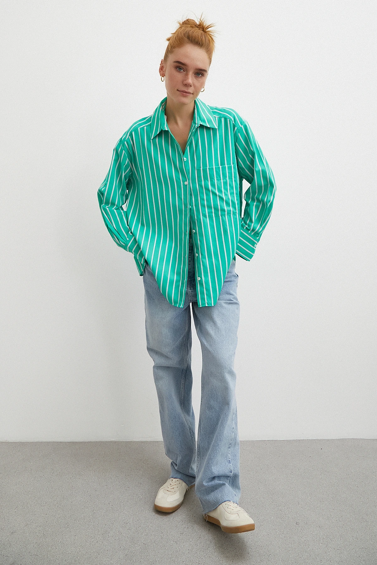 Çizgili Poplin Gömlek Yeşil