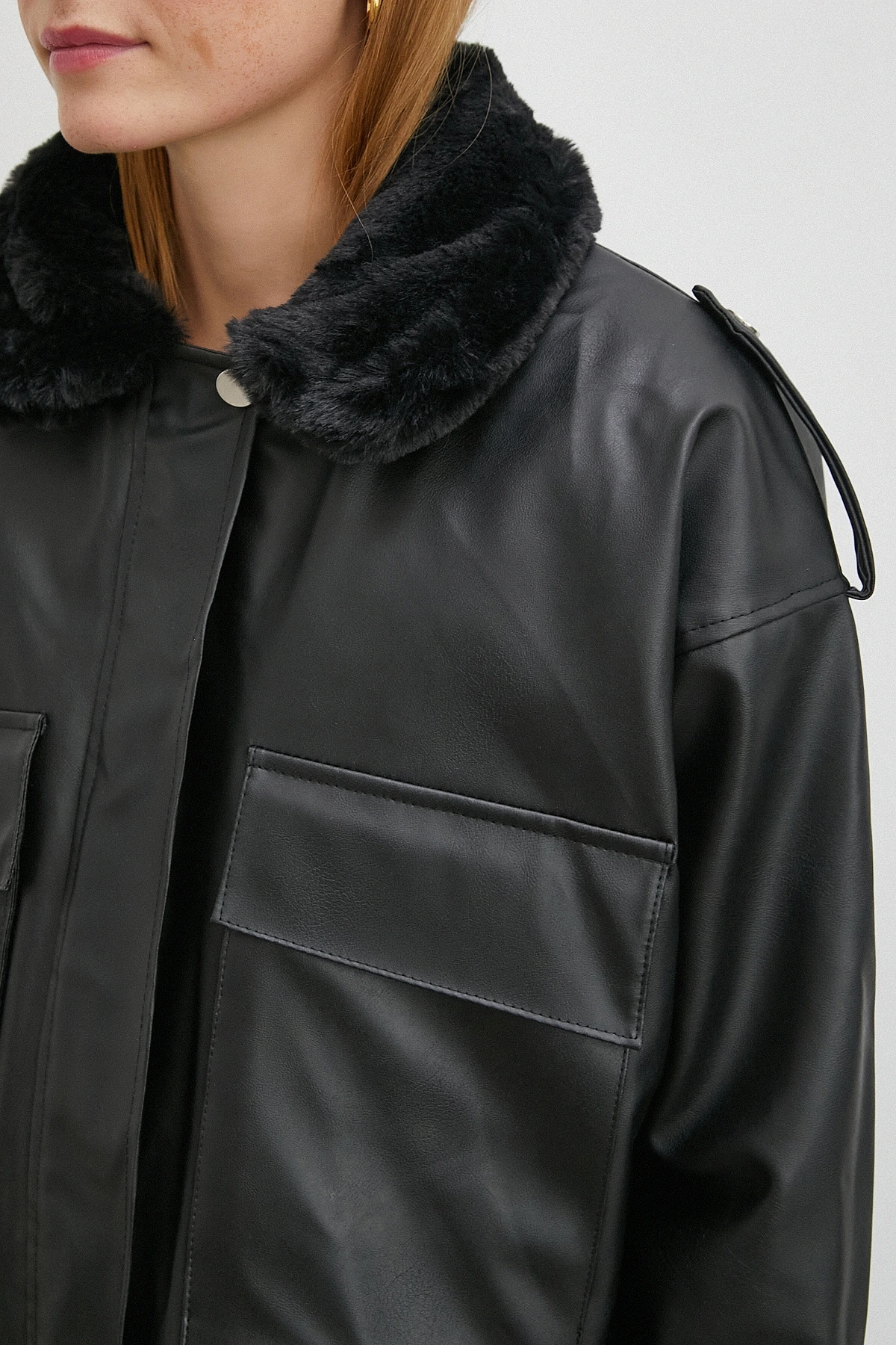 Kürk Detaylı Cepli Deri Mont Siyah