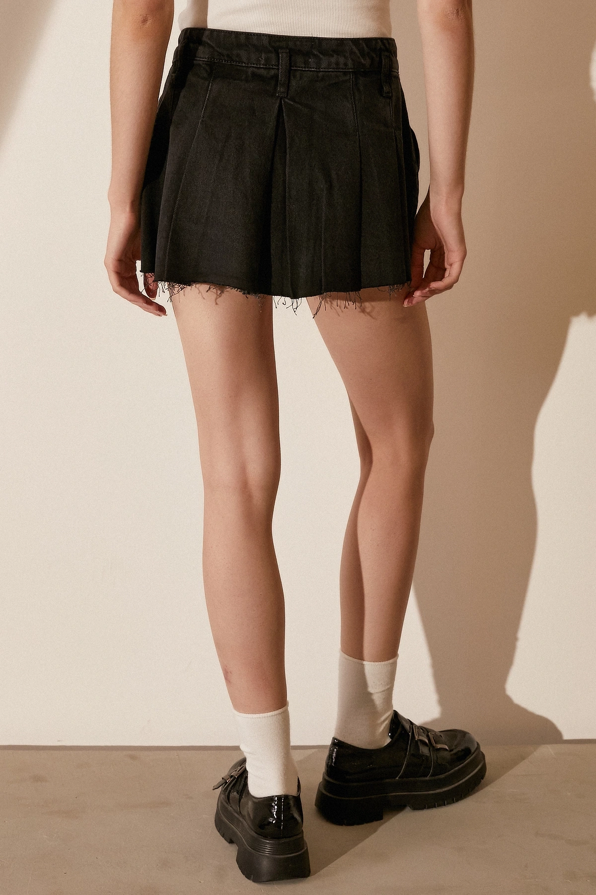 Pileli Jean Mini Etek Siyah