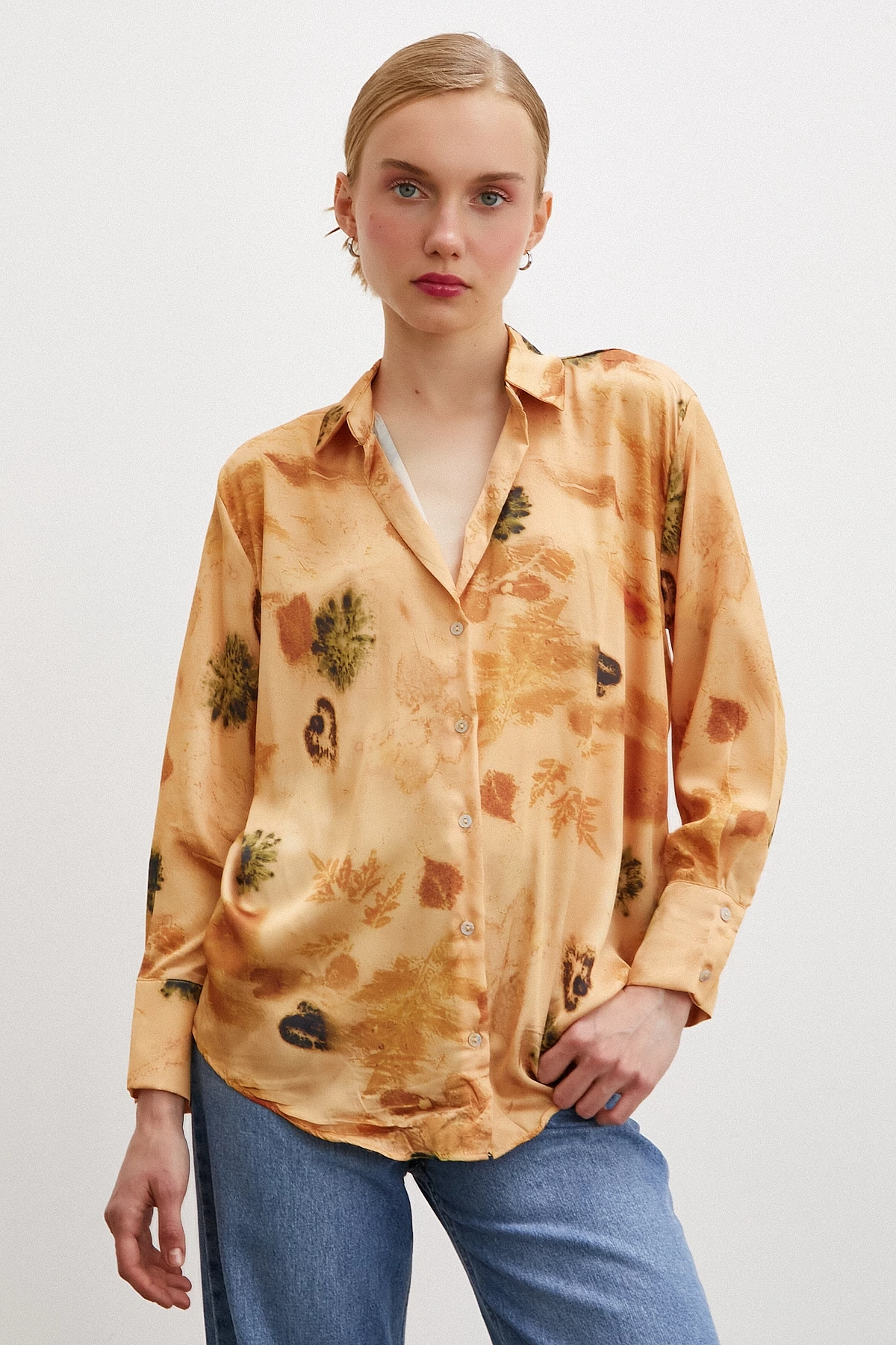 Desenli Saten Gömlek Somon