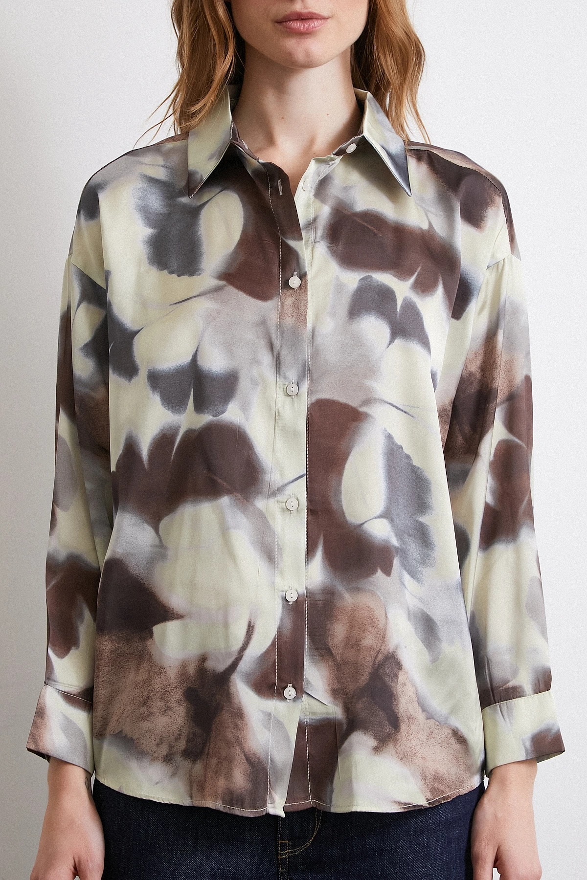 Batik Desen Saten Gömlek Kahve