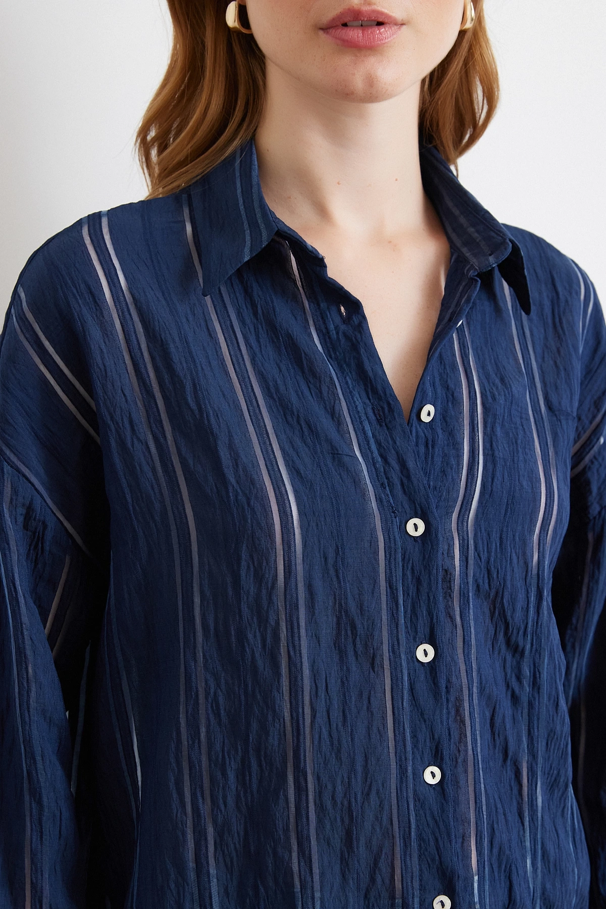 Organze Çizgili Gömlek Lacivert