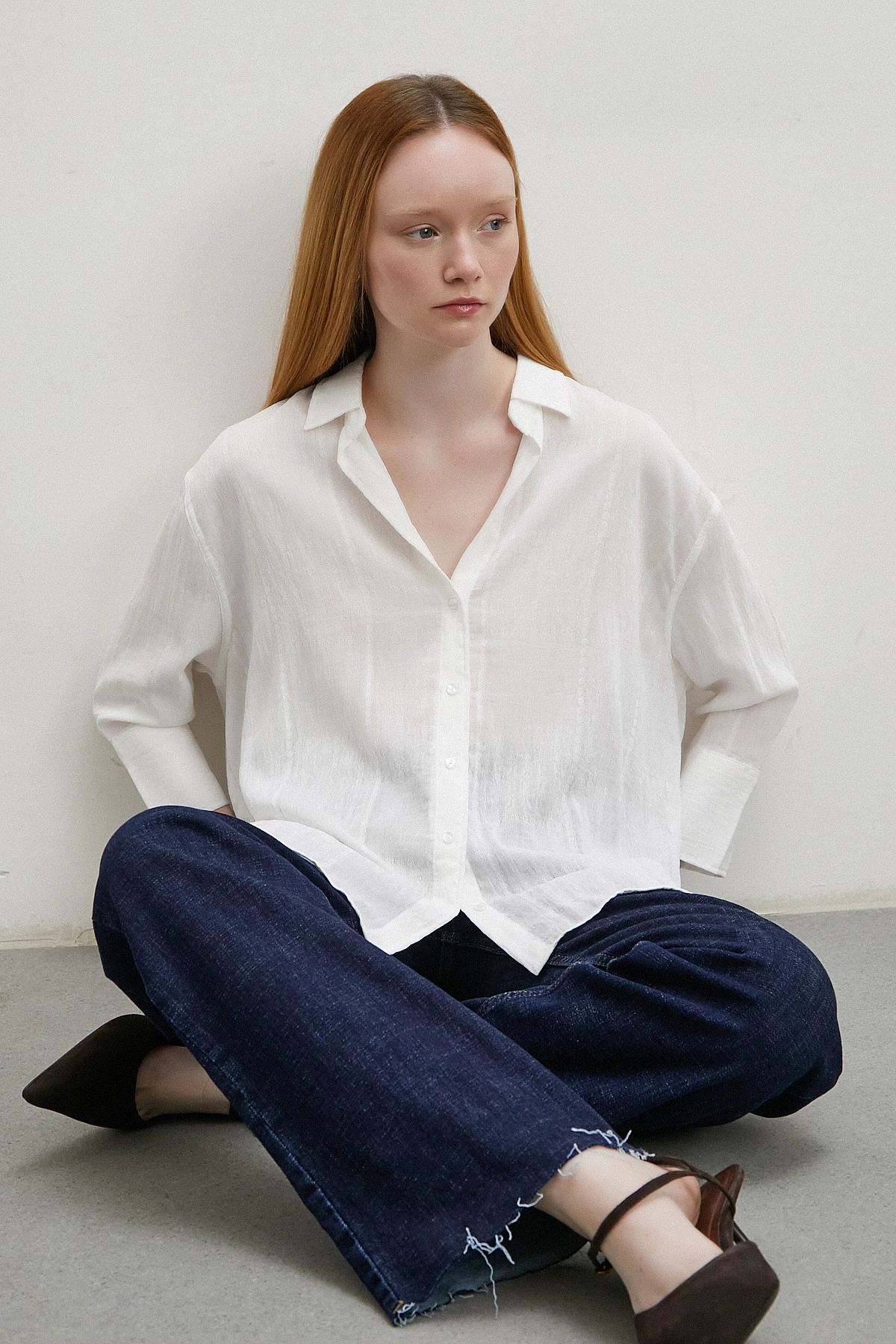 Çift İğneli Fakir Kol Gömlek Beyaz