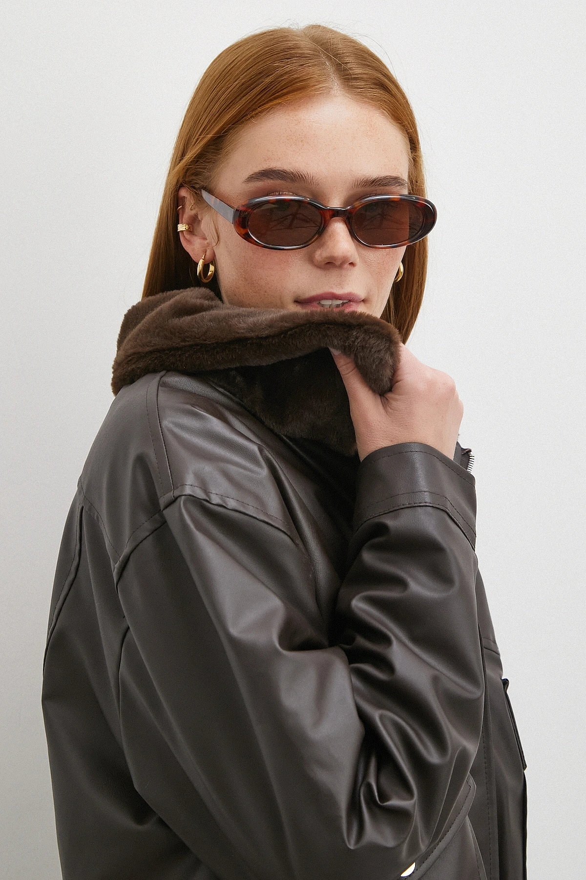 Peluş Astar Detaylı Deri Mont Kahve