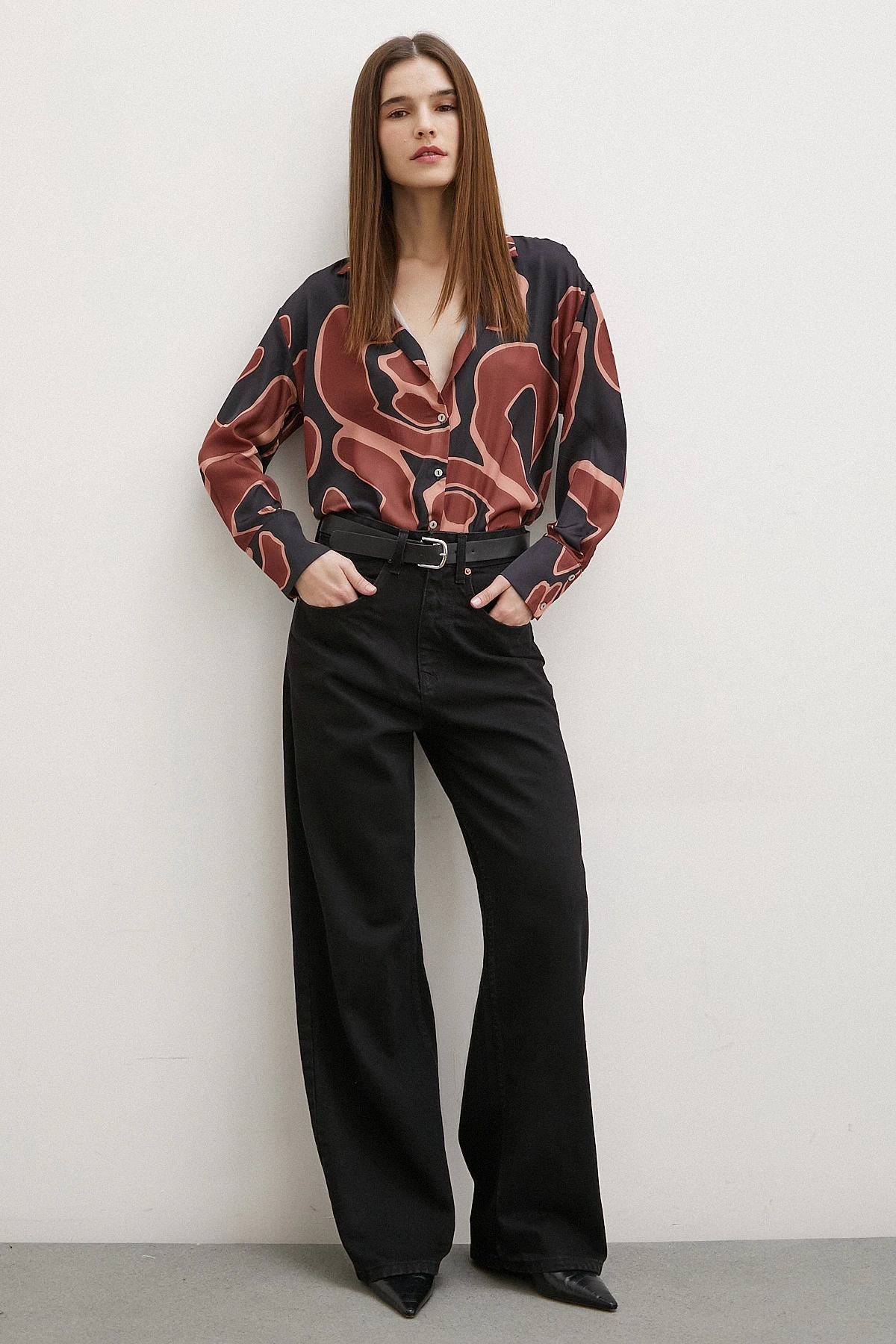 Baskılı Saten Gömlek Kahve