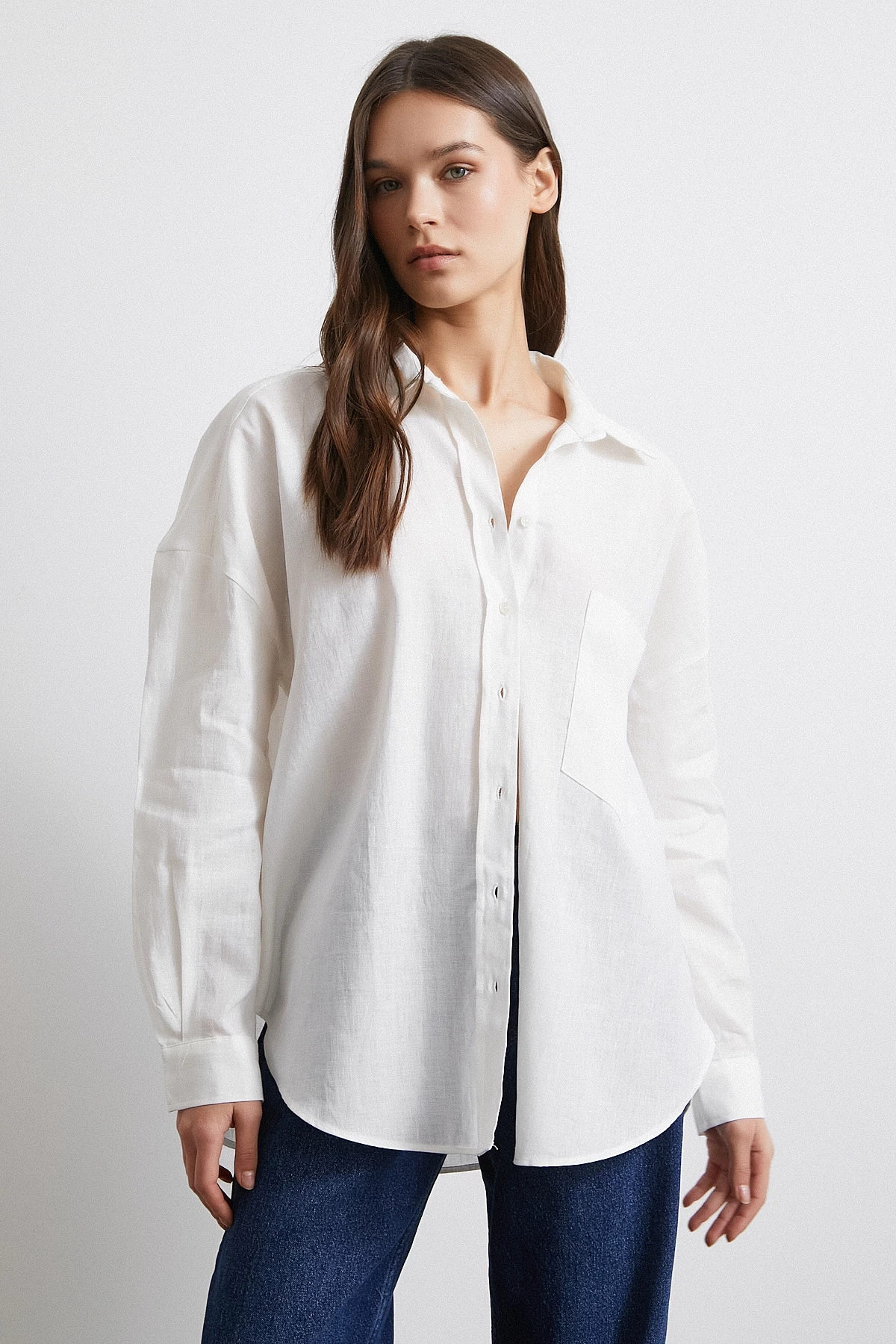 Cepli Oversize Keten  Gömlek Ekru