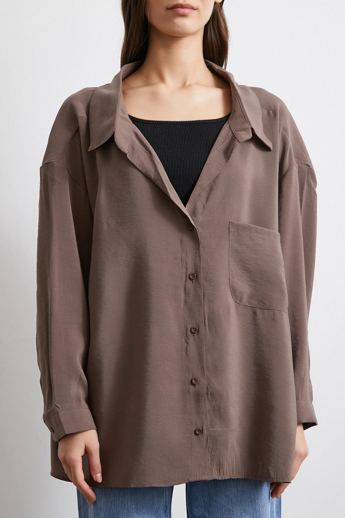 Oversize Cepli Modal Gömlek Kahve