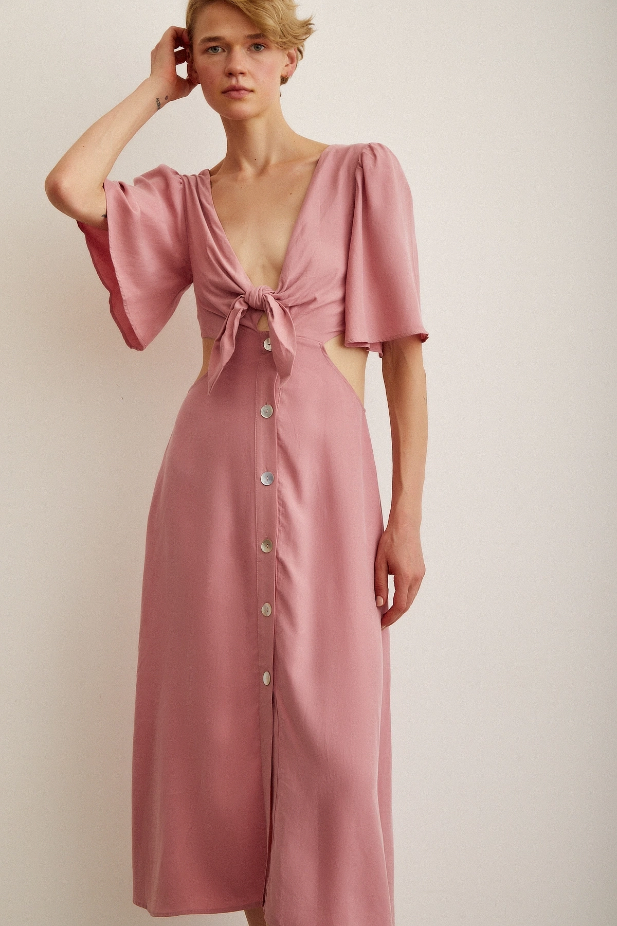 Önü Bağlamalı Balon Omuz Elbise Gül Kurusu