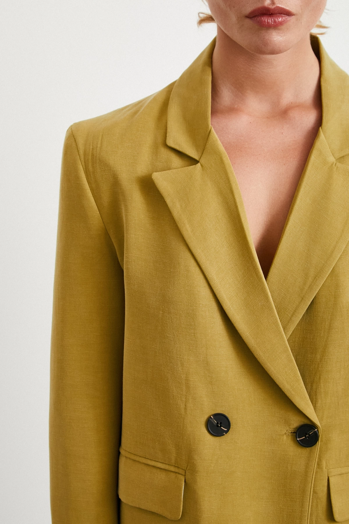 Çift Düğmeli Keten Blazer Ceket Olive