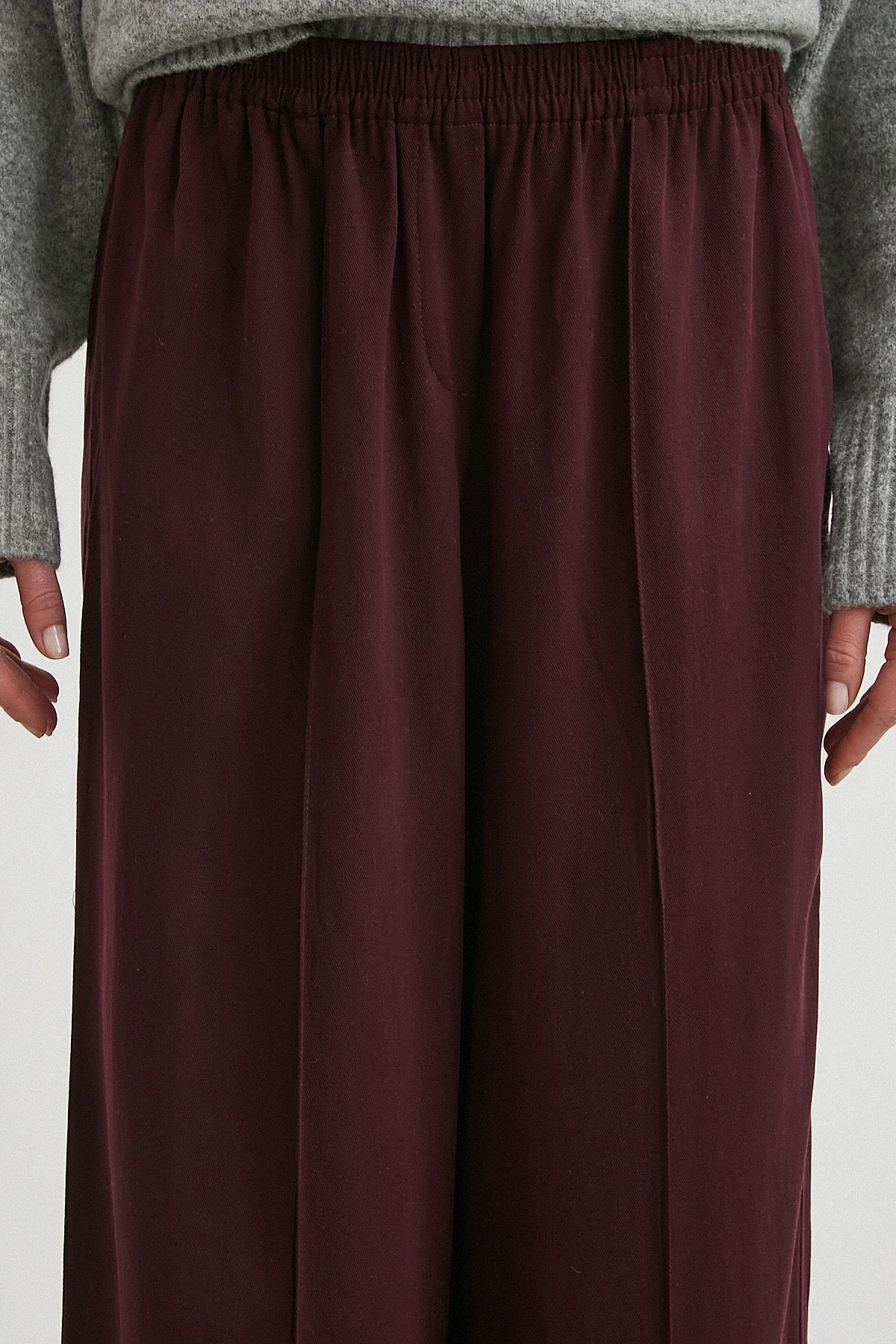 Çizgi Detaylı Geniş Paça Beli Lastikli Pantolon Bordo