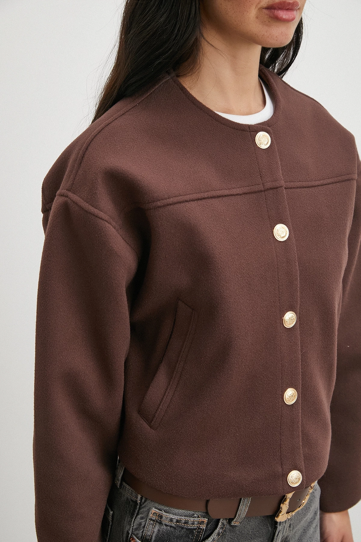 Beli Lastikli Düğmeli Bomber Ceket Kahve