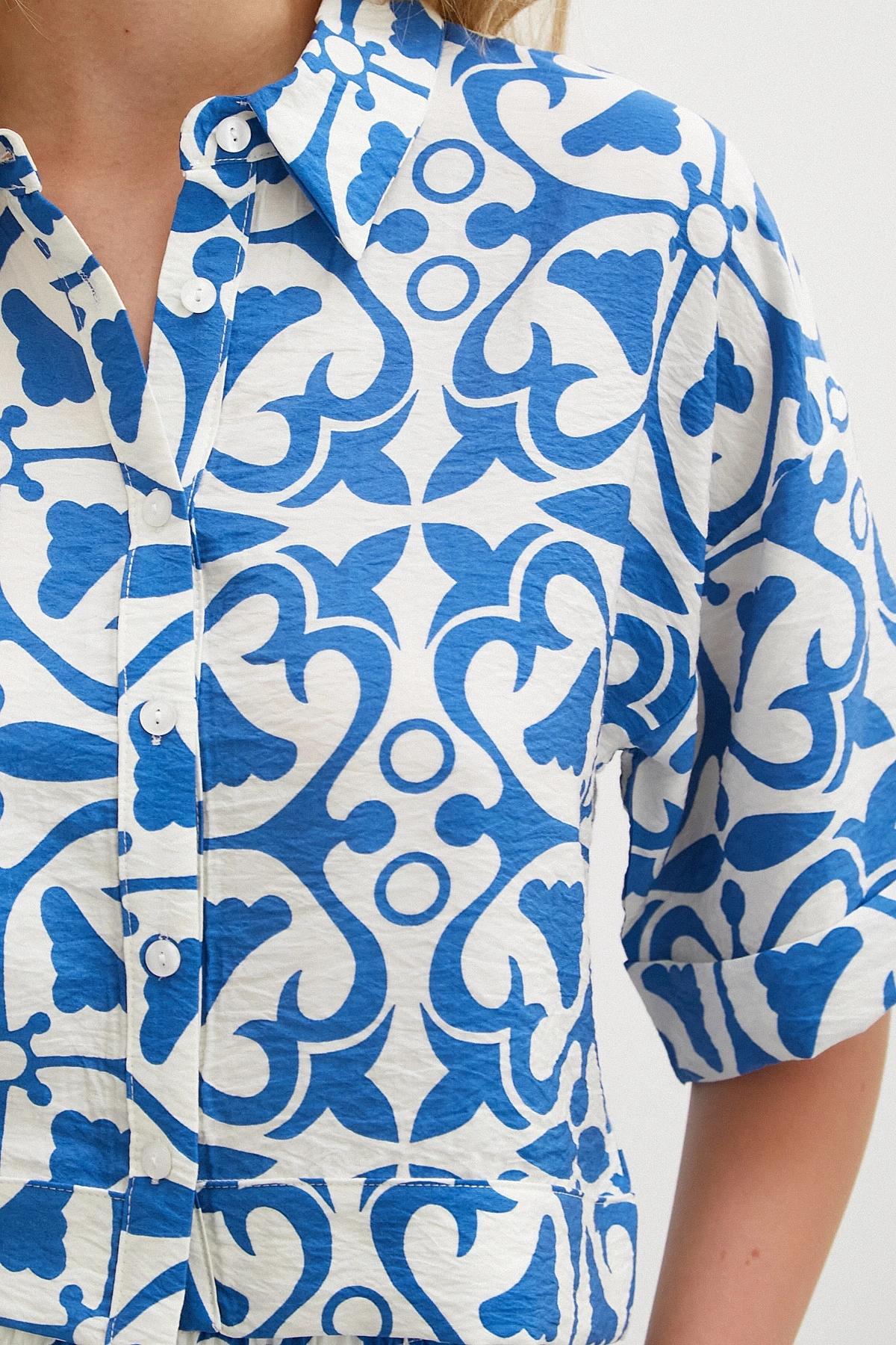 Kısa Kollu Crop Gömlek Mavi