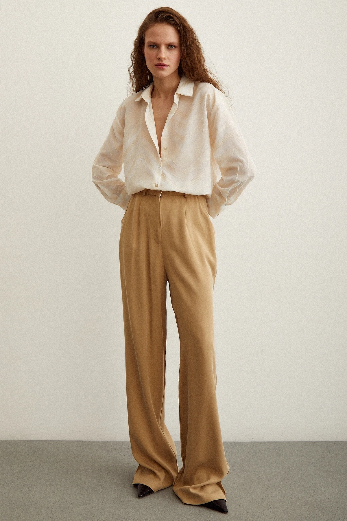 Viskon Flamlı Gömlek Krem