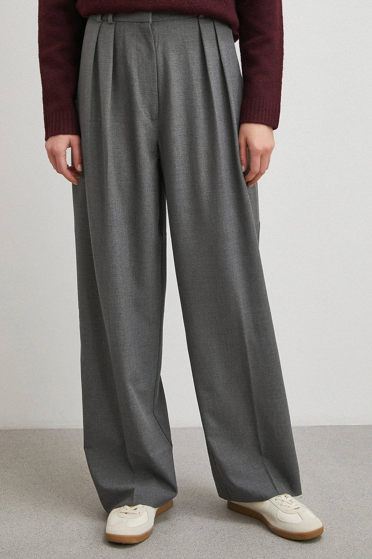 Yüksek Bel Pileli Palazzo Pantolon Gri