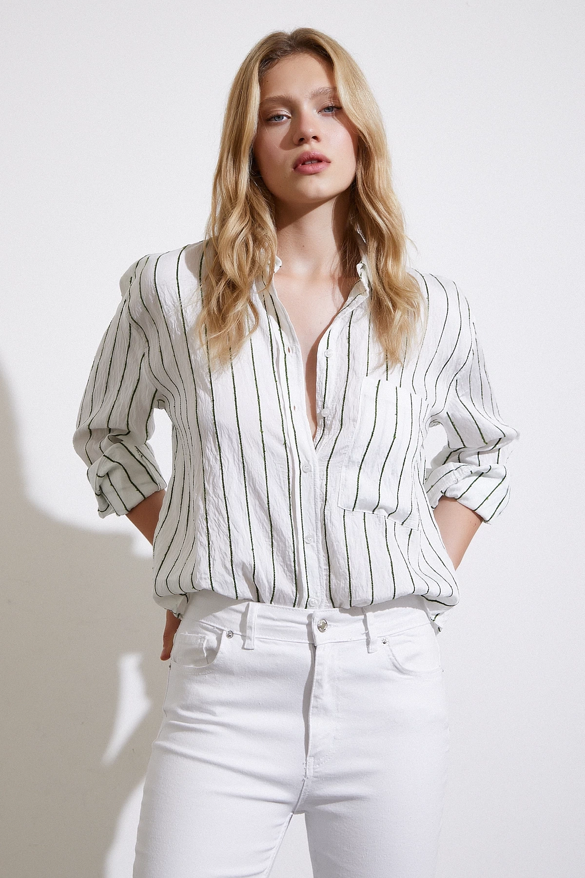 Çizgili Cepli Gömlek Yeşil