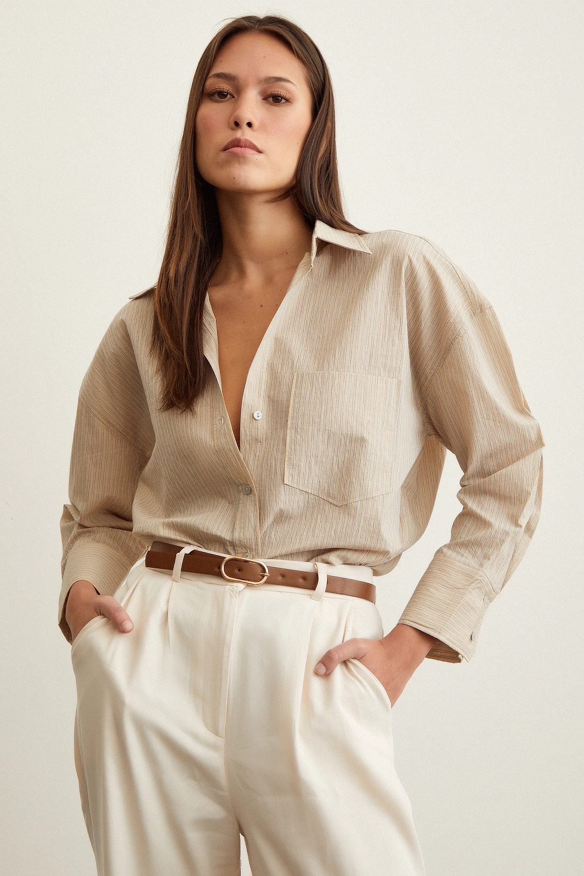 Çizgili Oversize Gömlek Bej