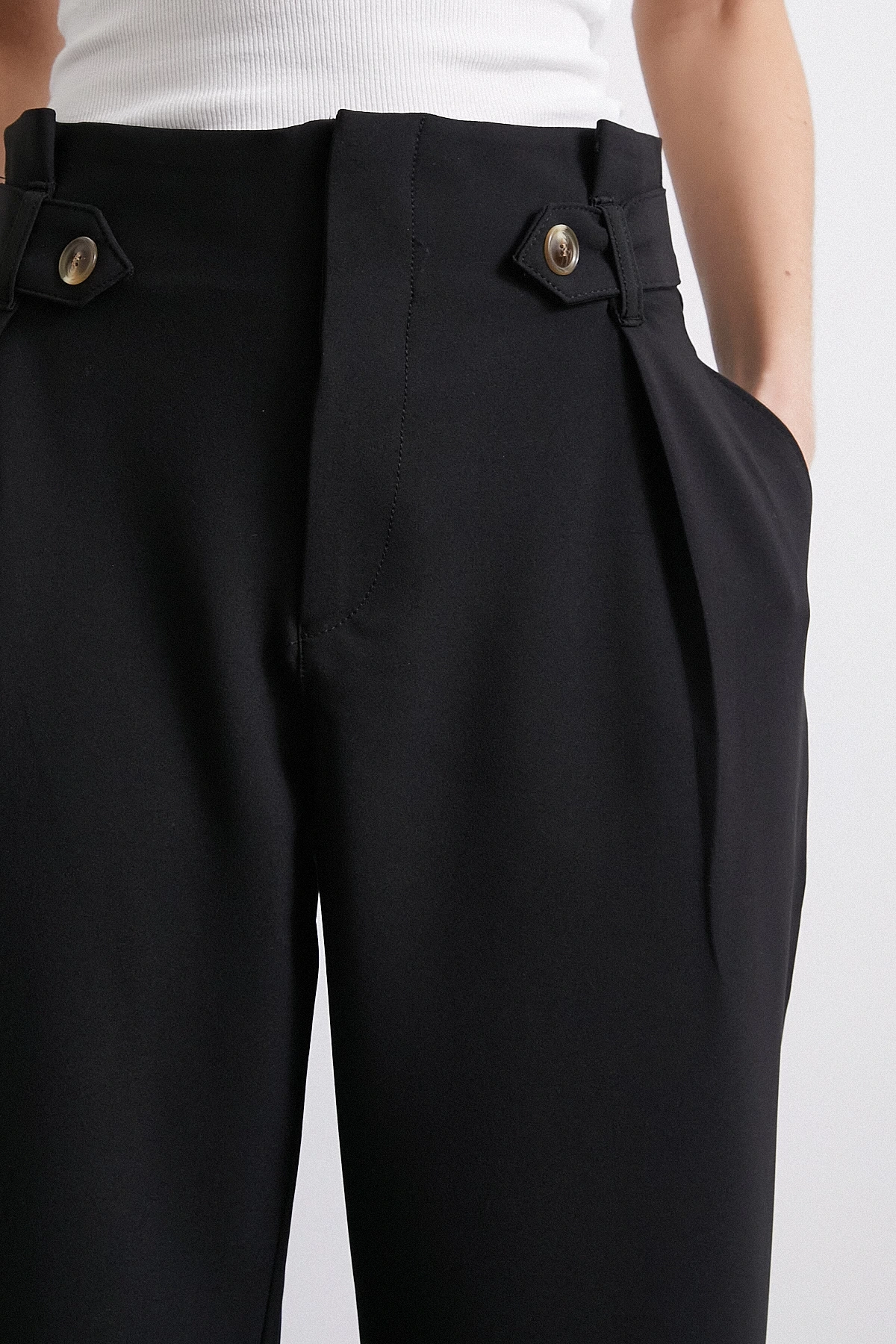 Bel Detaylı Wide Leg Pantolon Siyah