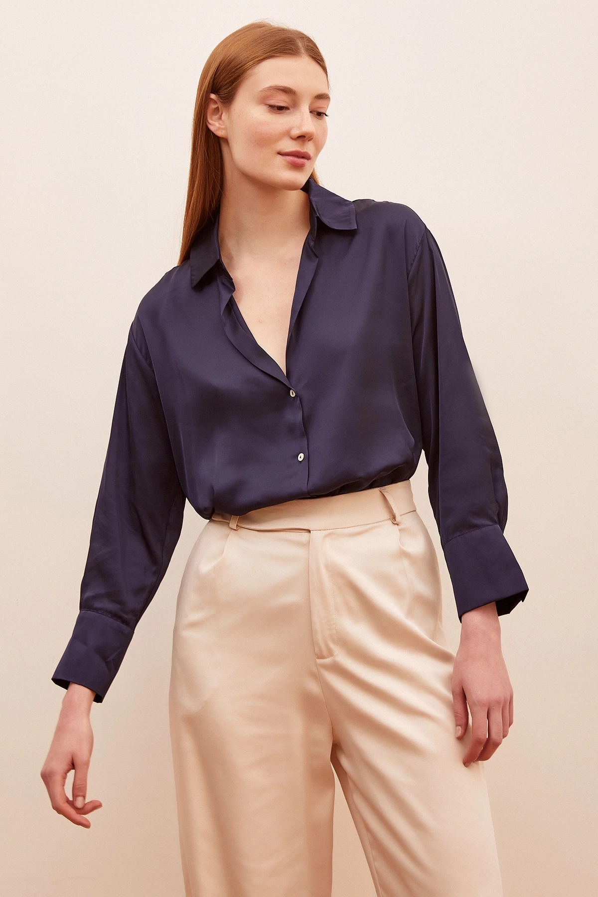 Basic Saten Gömlek Lacivert