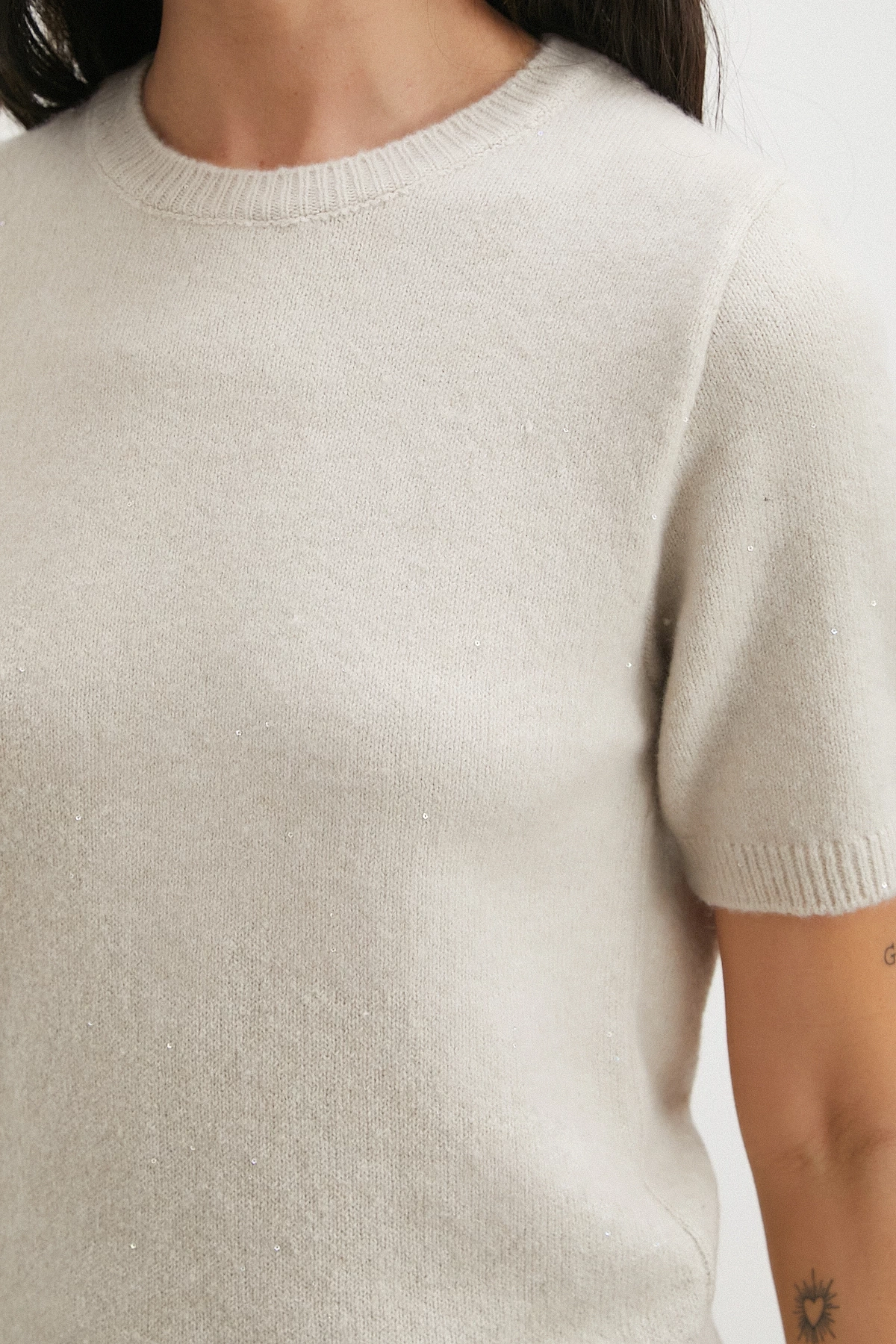 Simli Kısa Kol Kazak Bej