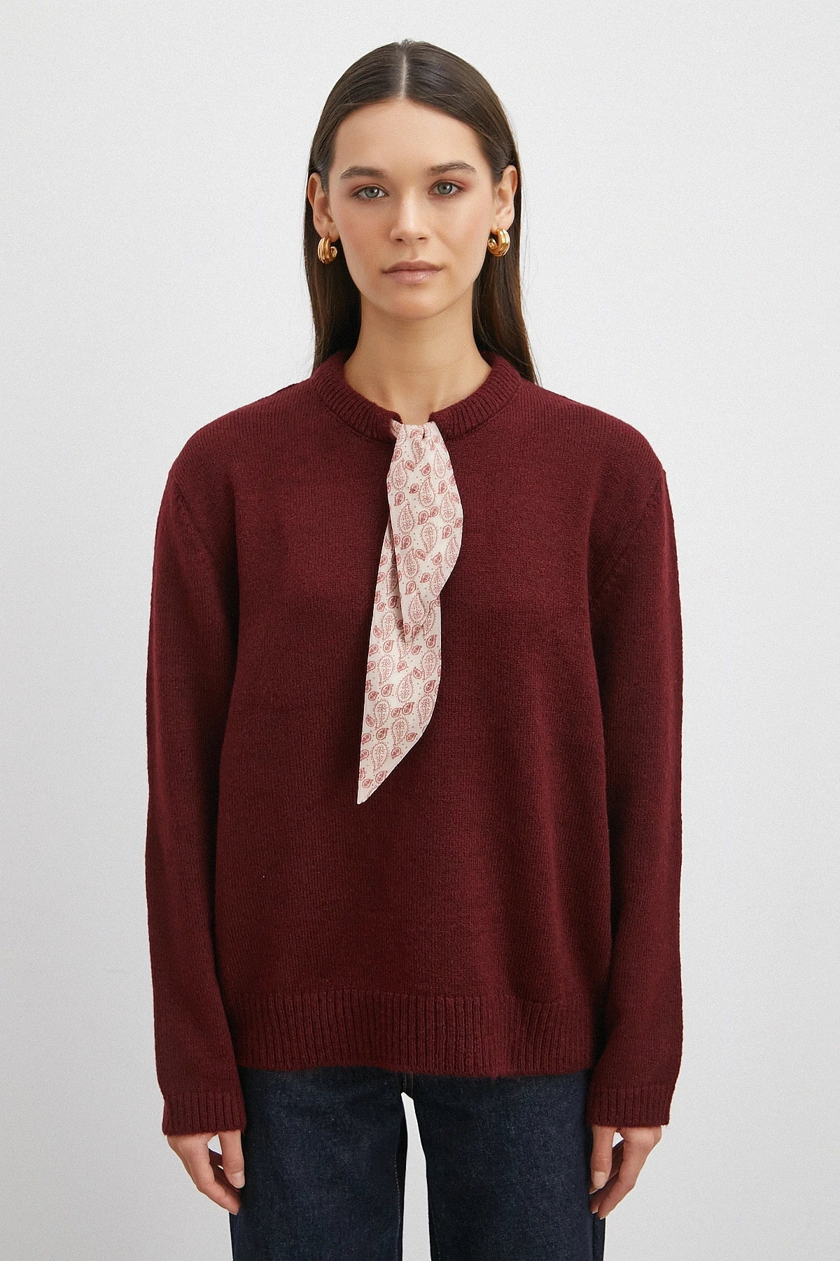 Fularlı Uzun Kollu Kazak Bordo