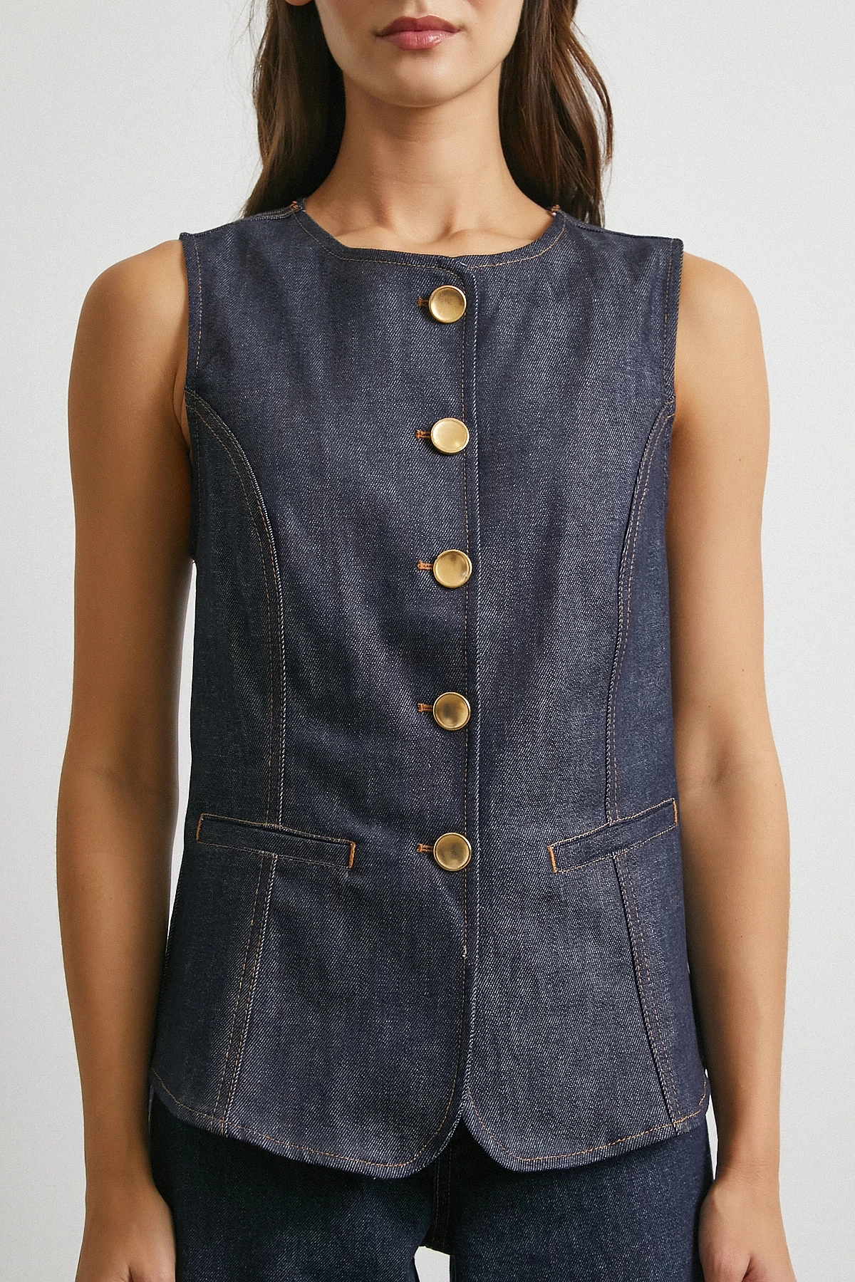 Bisiklet Yaka Metal Düğmeli Denim Yelek Lacivert