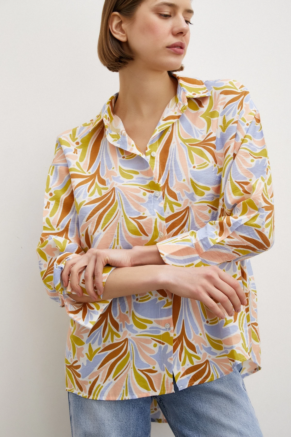 Baskılı Modal Gömlek Pudra