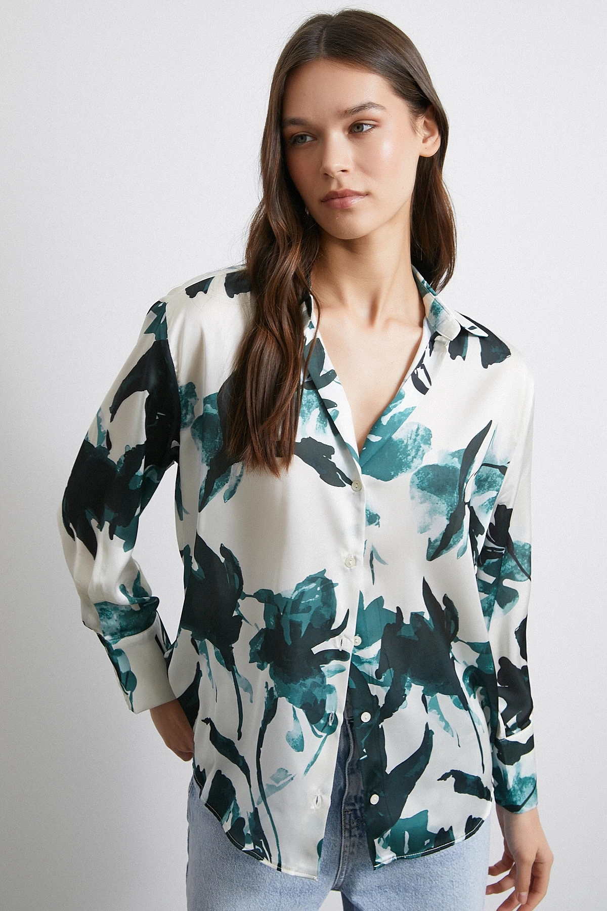 Saten Yüzeyli Desenli Gömlek Yeşil