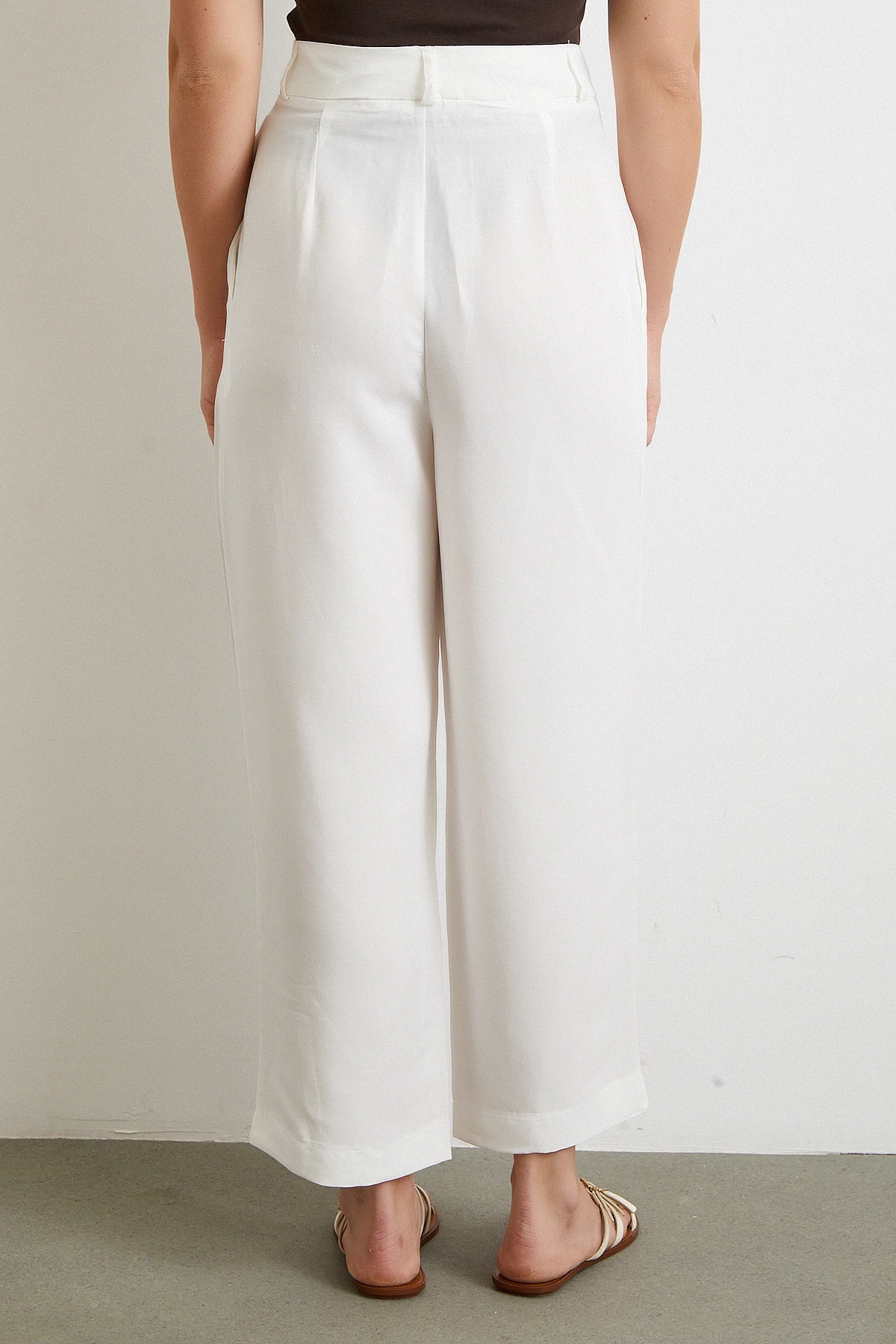 Çift Pileli Keten Pantolon Krem