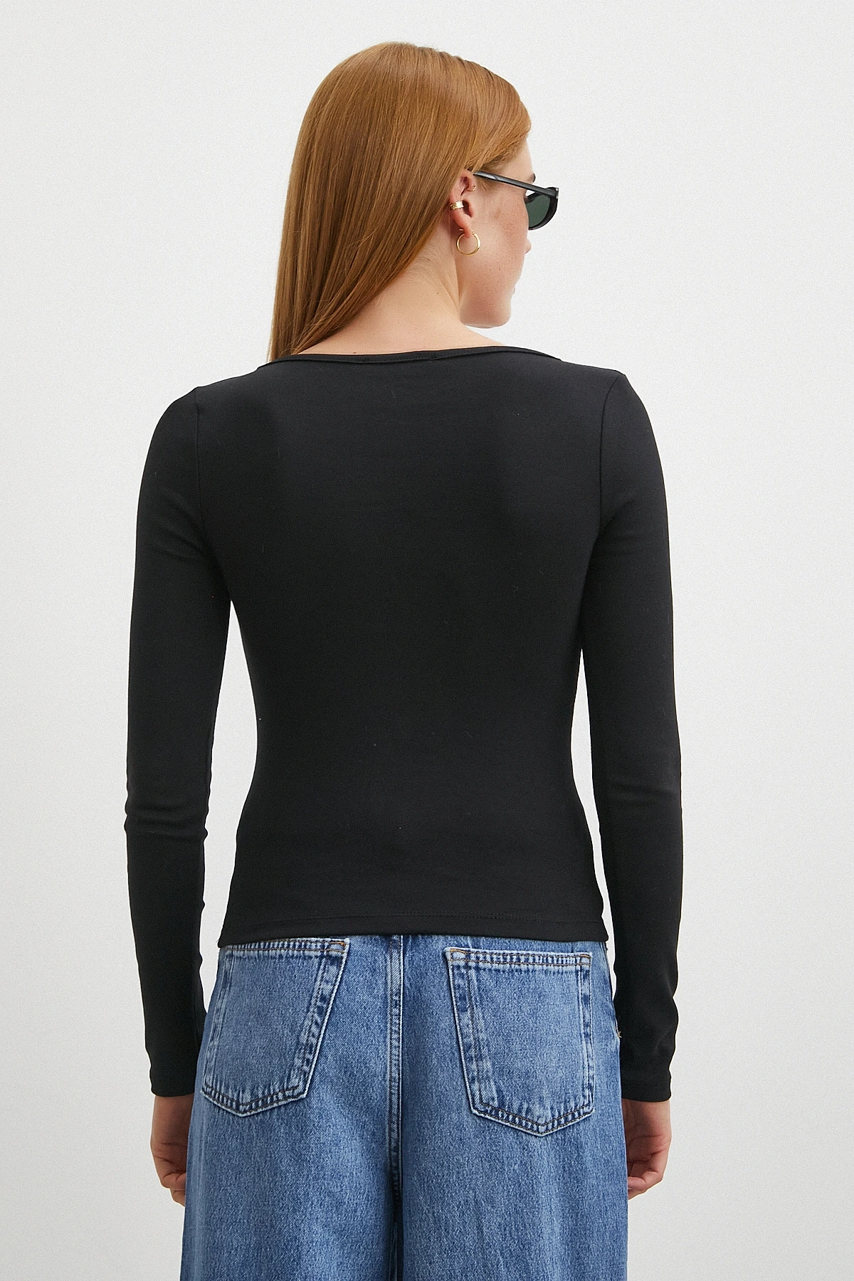 Uzun Kol Kare Yaka Bluz Siyah