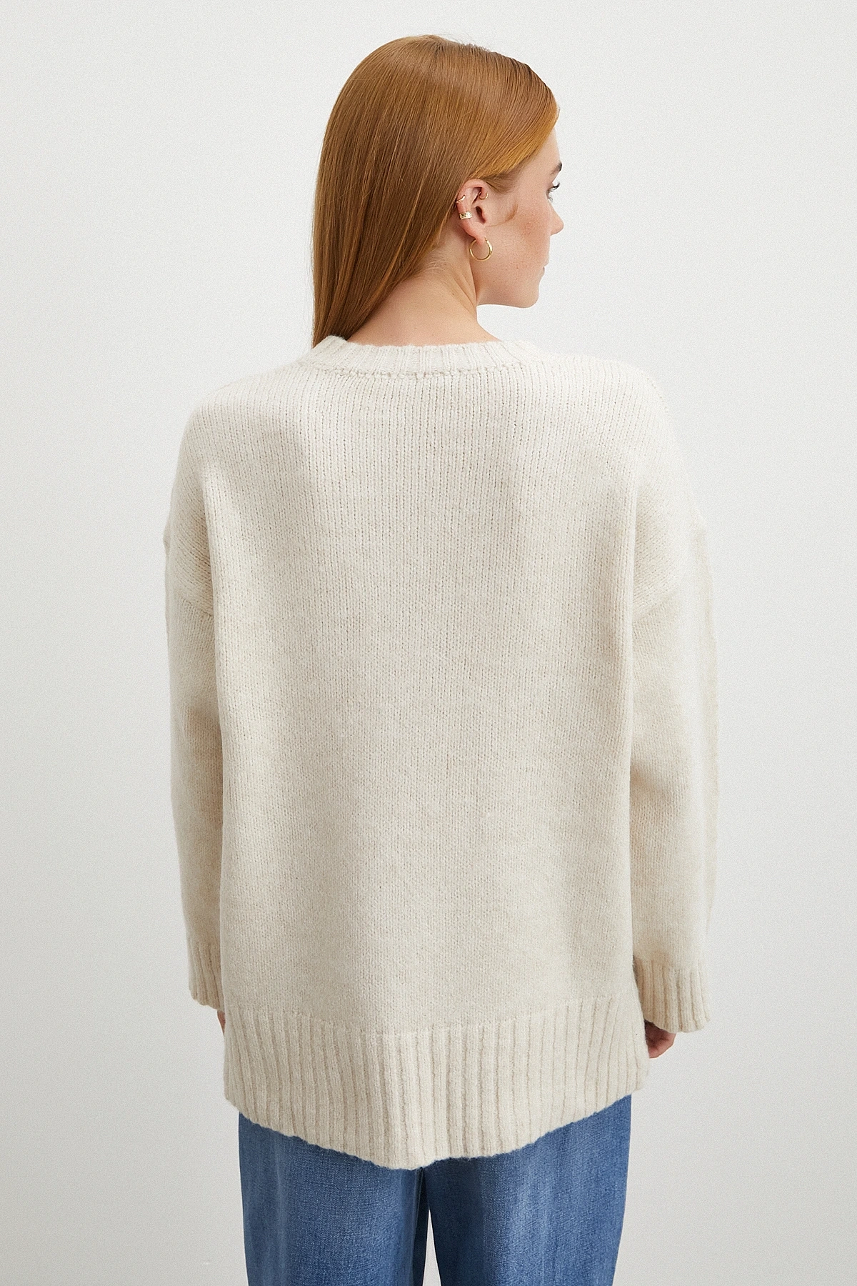 Bisiklet Yaka Fitilli Triko Kazak Ekru