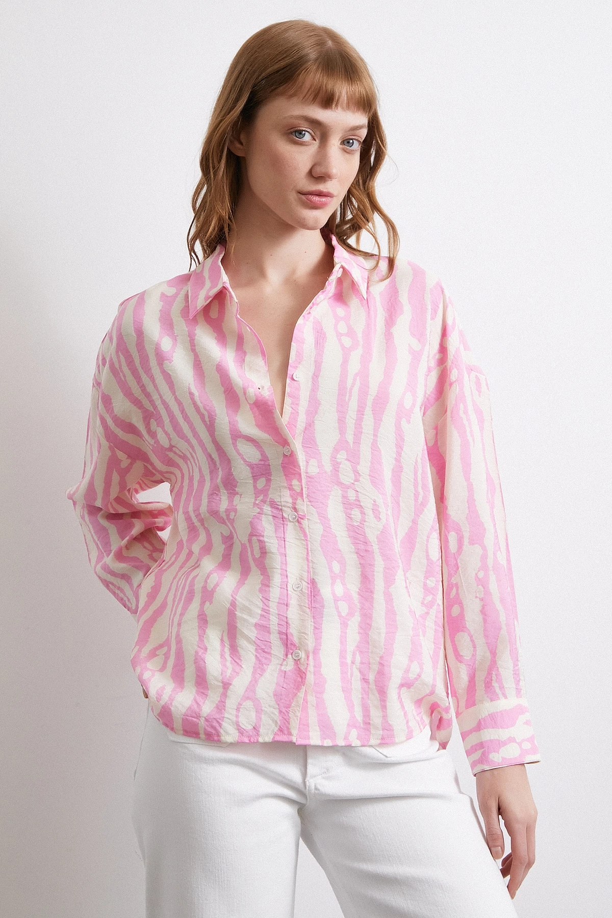 Zebra Desen Modal Gömlek Pembe