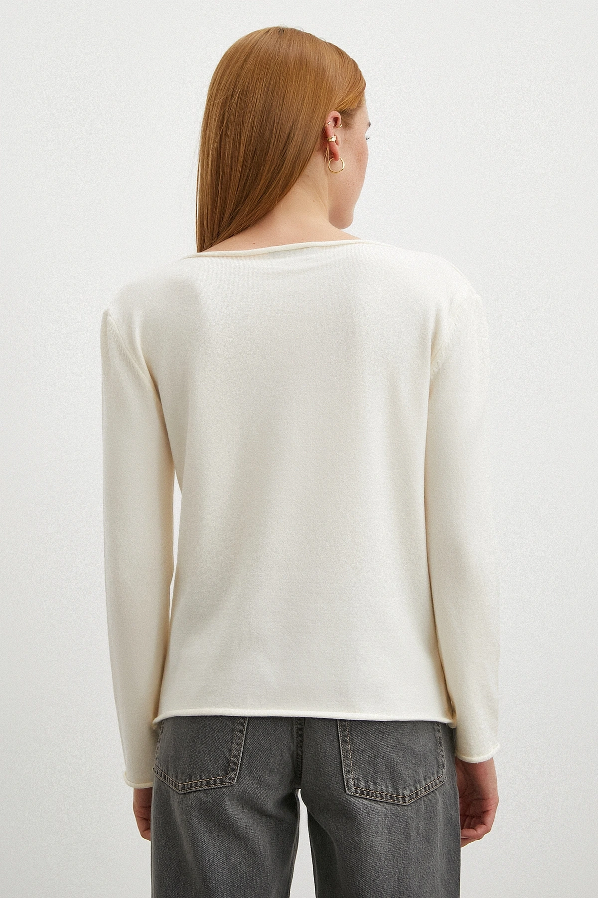 Kayık Yaka Uzun Kol Kazak Ekru