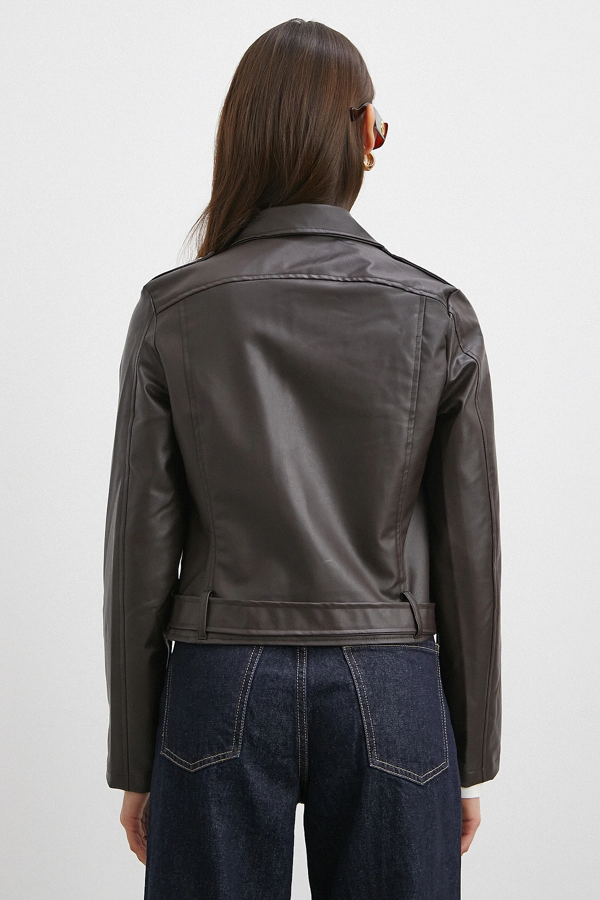 Beli Kemerli Fermuarlı Deri Ceket Kahve