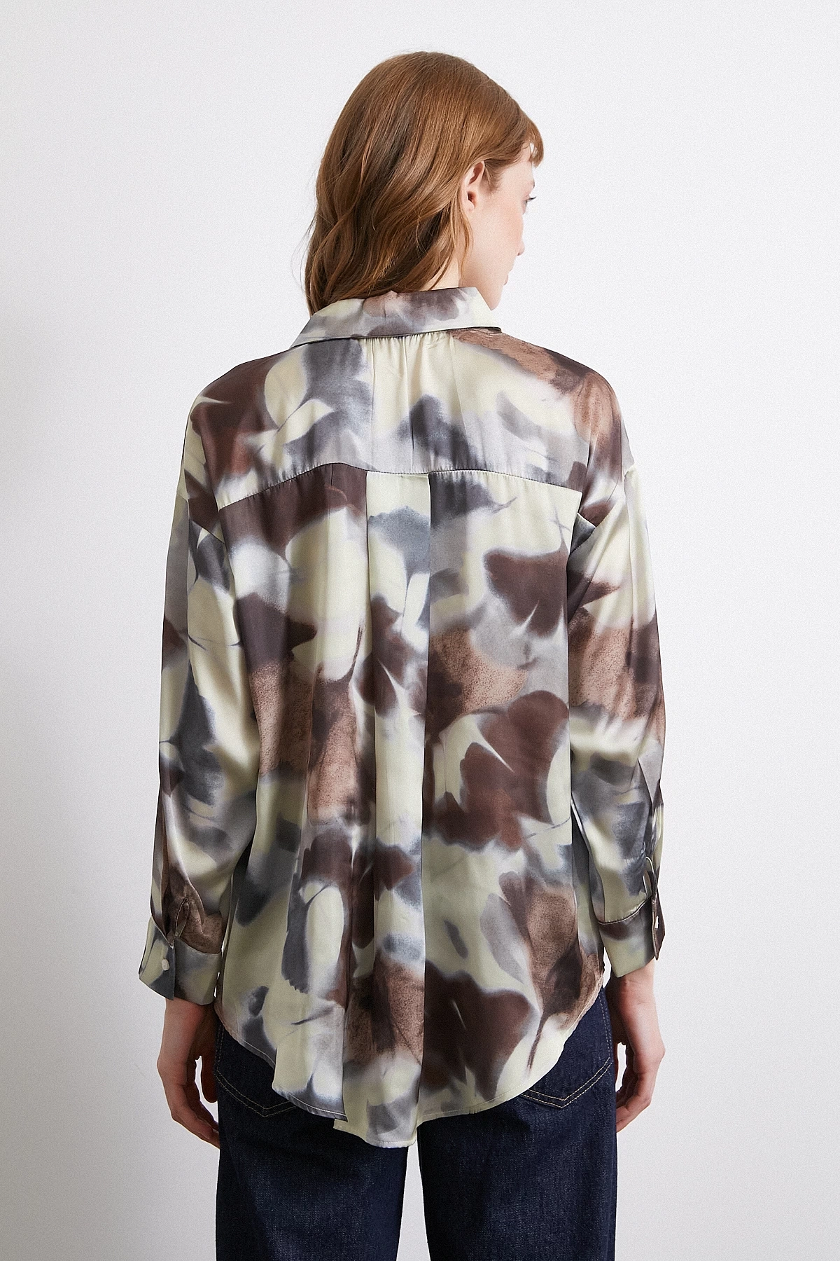 Batik Desen Saten Gömlek Kahve