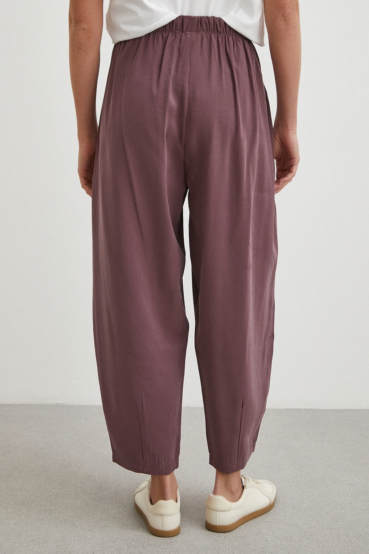 Bağcıklı Beli Lastikli Pileli Pantolon Mürdüm