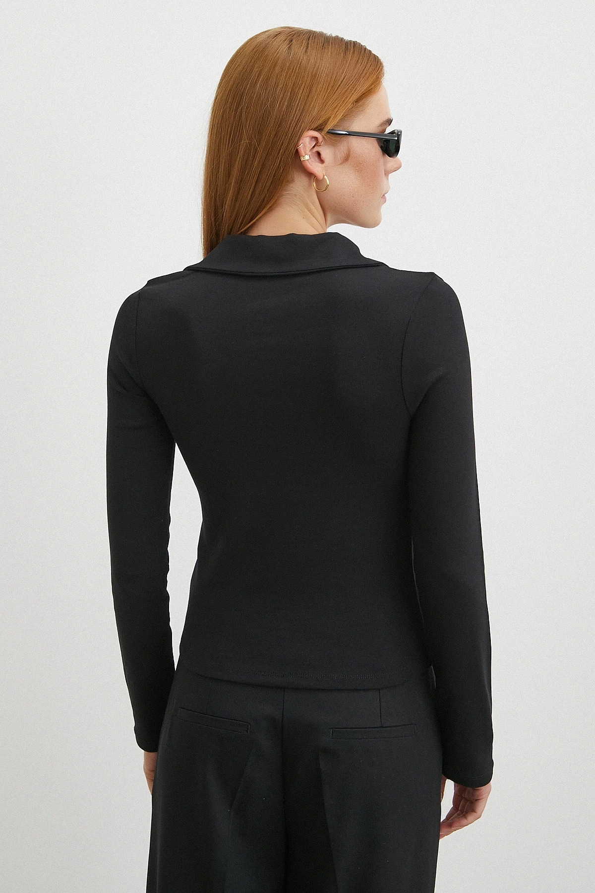 Yakalı Çift Fermuarlı Bluz Siyah